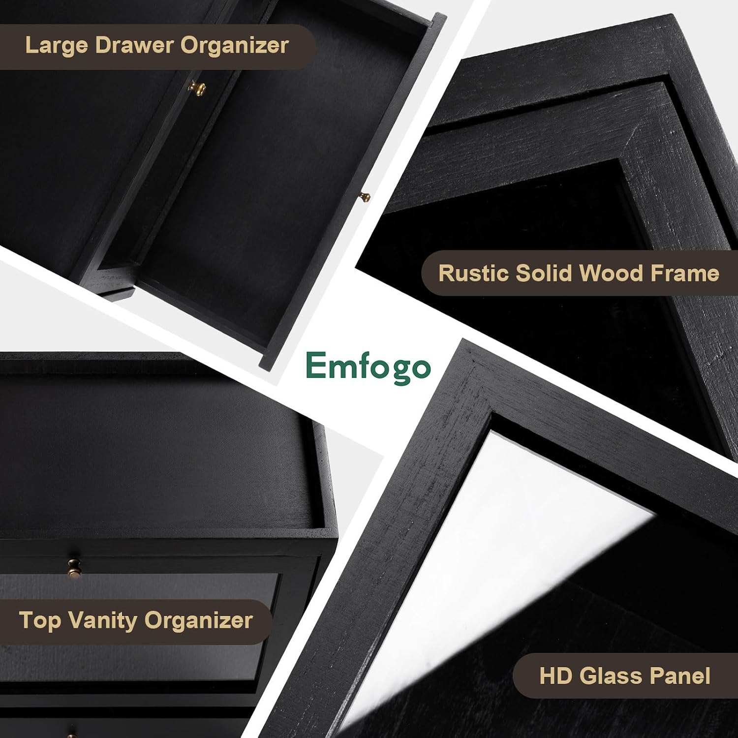 Detalle 2 de Emfogoo Cologne Stand (Black) – Solid Wood 3-Tier Perfume Organiser with Drawer Storage