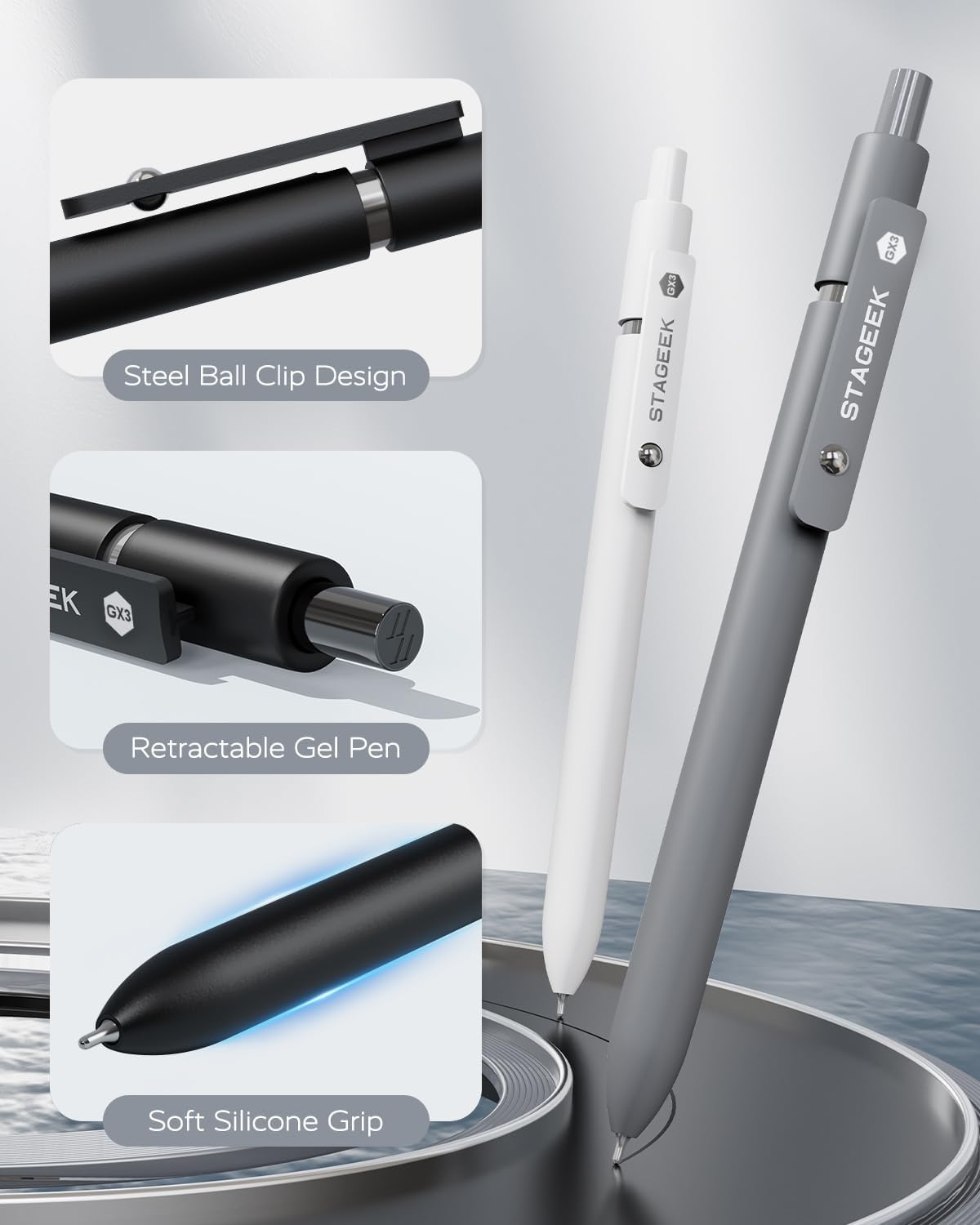 Detalle de STAGEEK GX3 ブラックゲルペン 0.7mmノック式、シリコングリップ・替芯3本付き