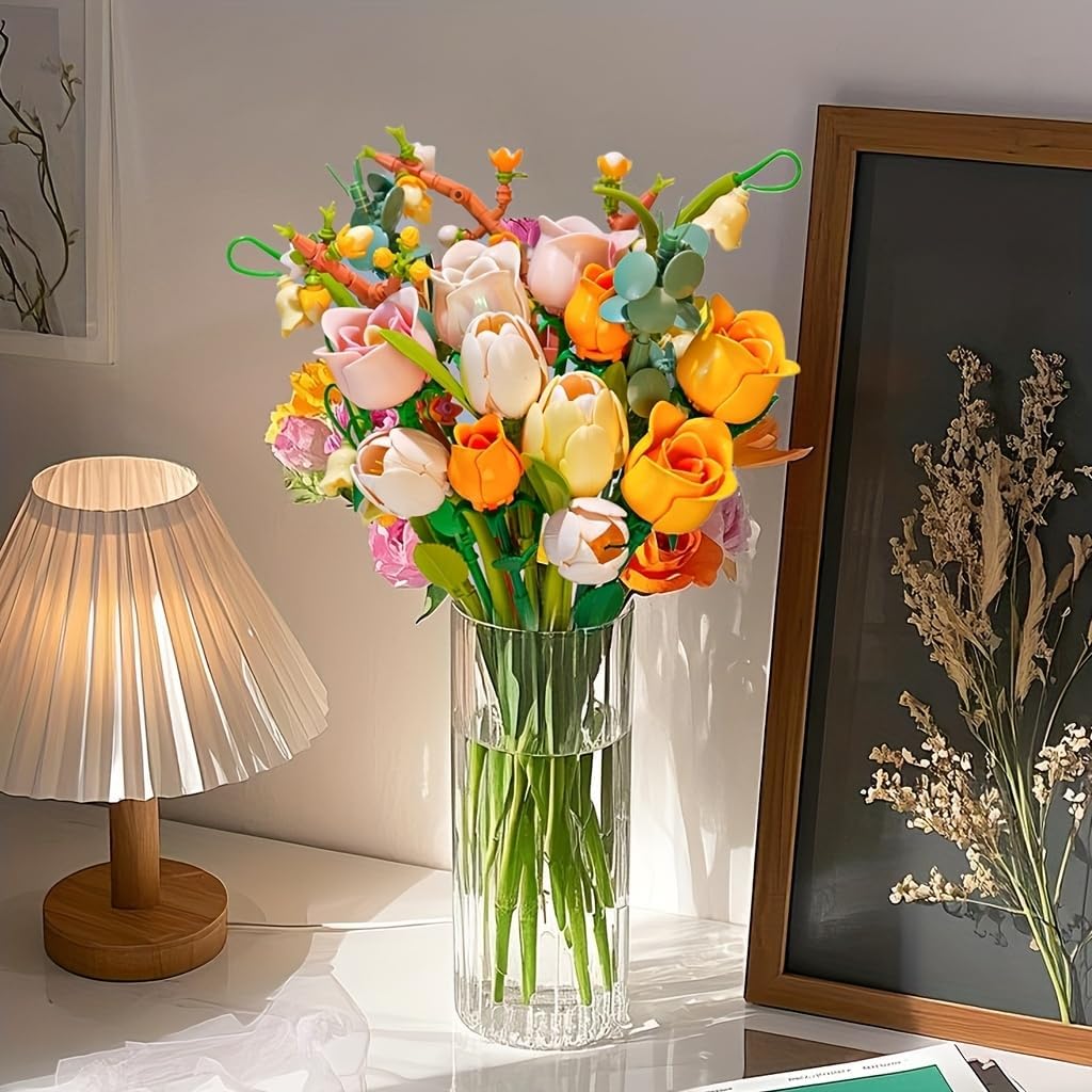 Thumbnail 1 de Tulip Rose Flowers Bouquet Building Set with Adjustable Stems and Petals
