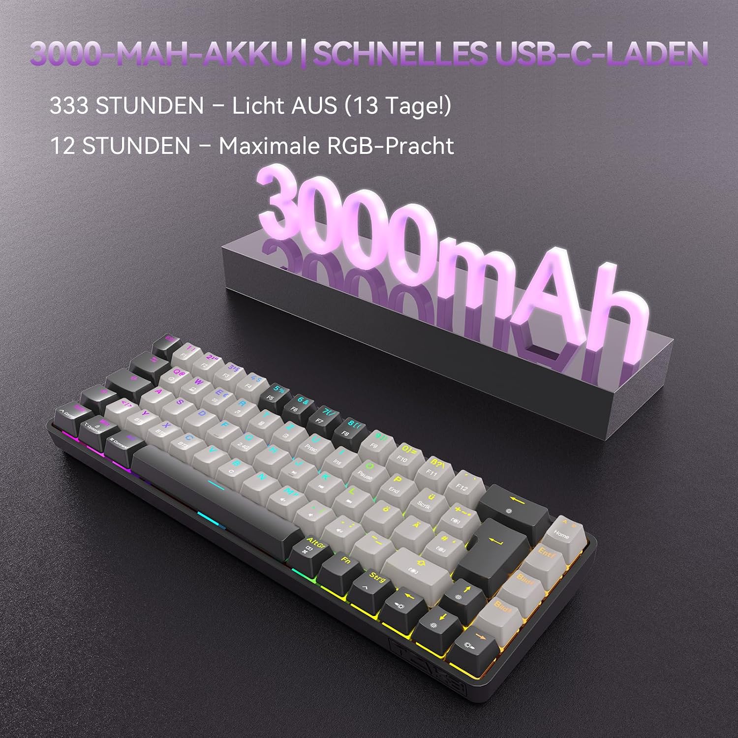 Detalle de TMKB T68 Gaming-Tastatur (68 Tasten, kabellos) – 60% mechanisch mit RGB, Bluetooth/2.4G/USB-C, deutsches QWERTZ
