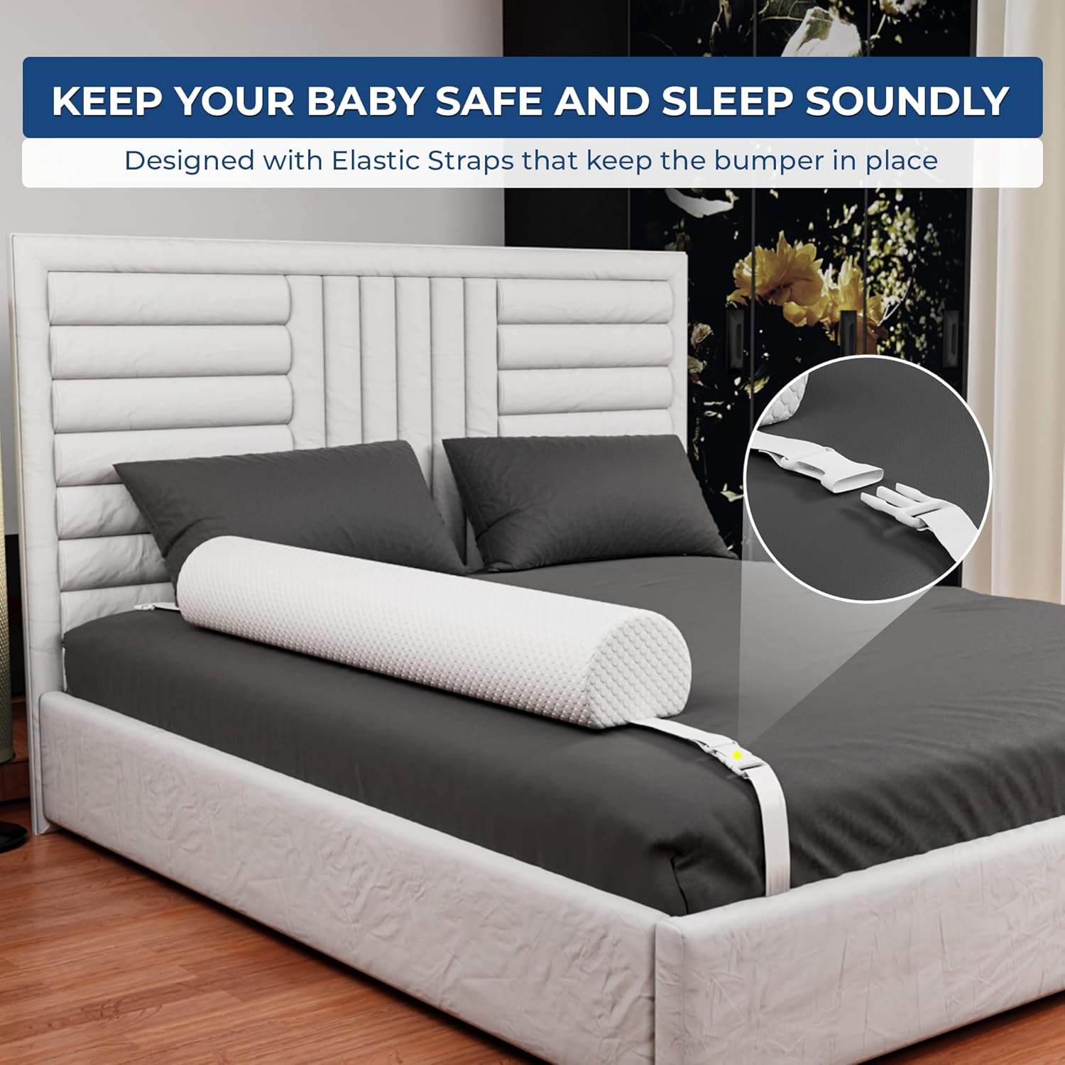 Detalle 2 de Peekabi Premium Bed Bumper for Toddlers with Adjustable Straps — portable travel bed rail for full size, twin, queen & king
