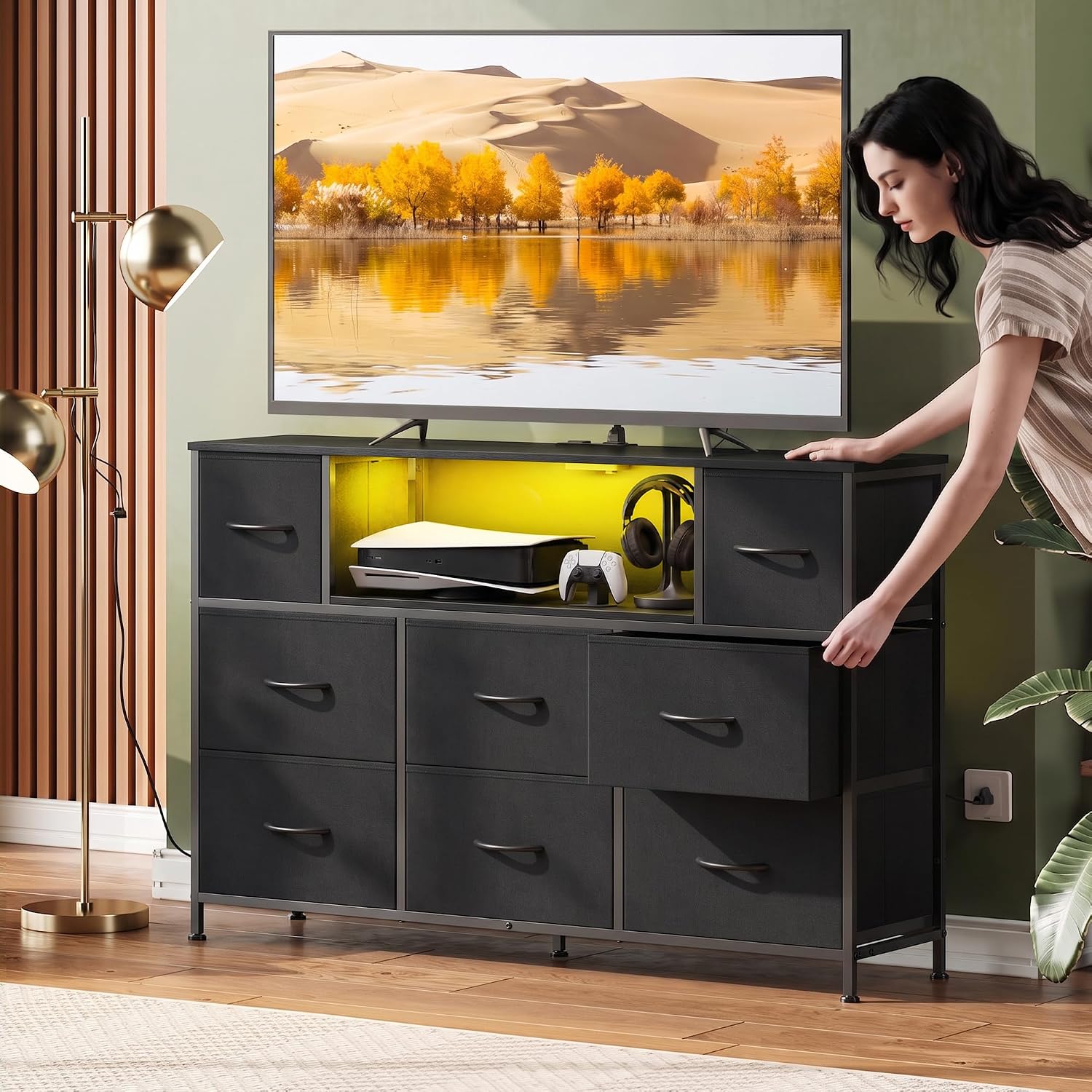 Detalle 2 de WLIVE ASNG200 LED Dresser TV Stand, 8 Fabric Drawers, Black