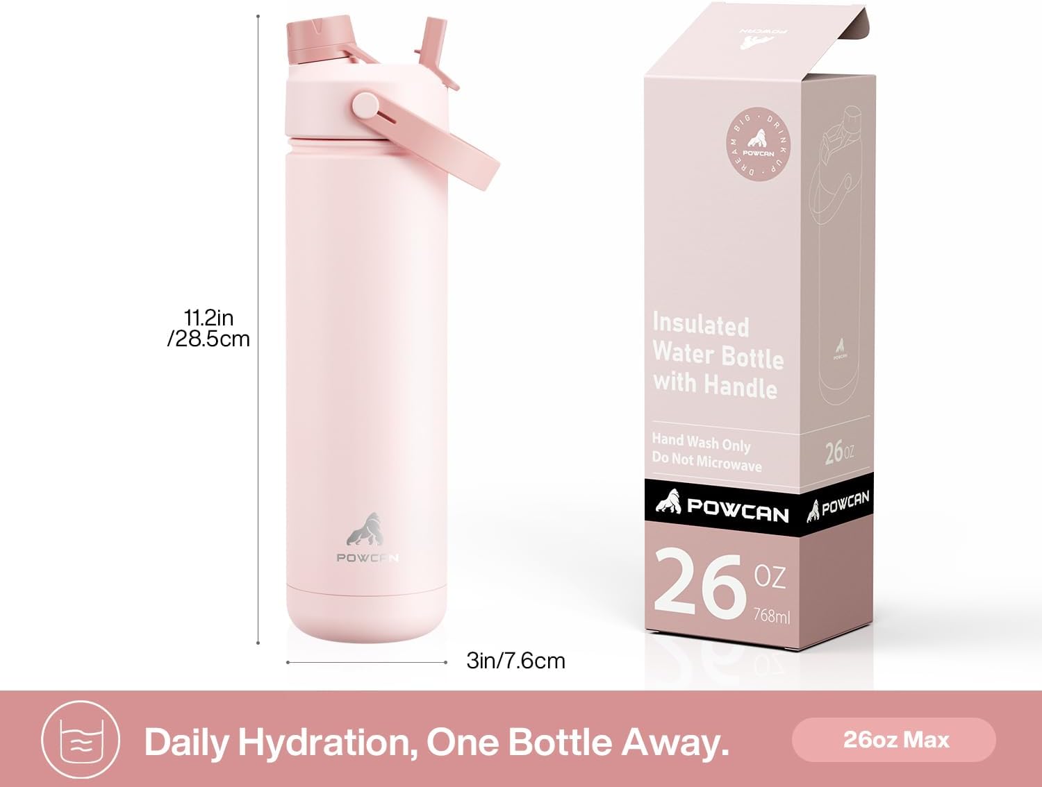 Detalle 2 de POWCAN 769ml/26oz Insulated Water Bottle with 2-in-1 Straw and Spout Lid (Cotton Candy)