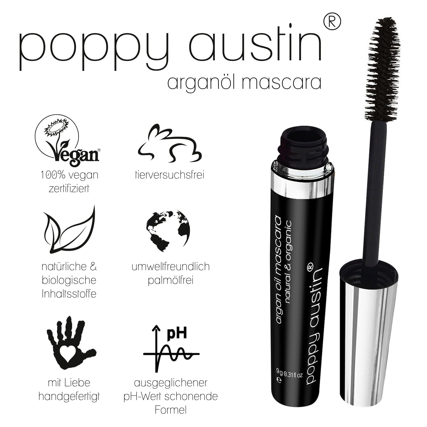 Detalle de Vegan Mascara für empfindliche Augen – sanfte, hypoallergene Naturkosmetik für kurze Wimpern