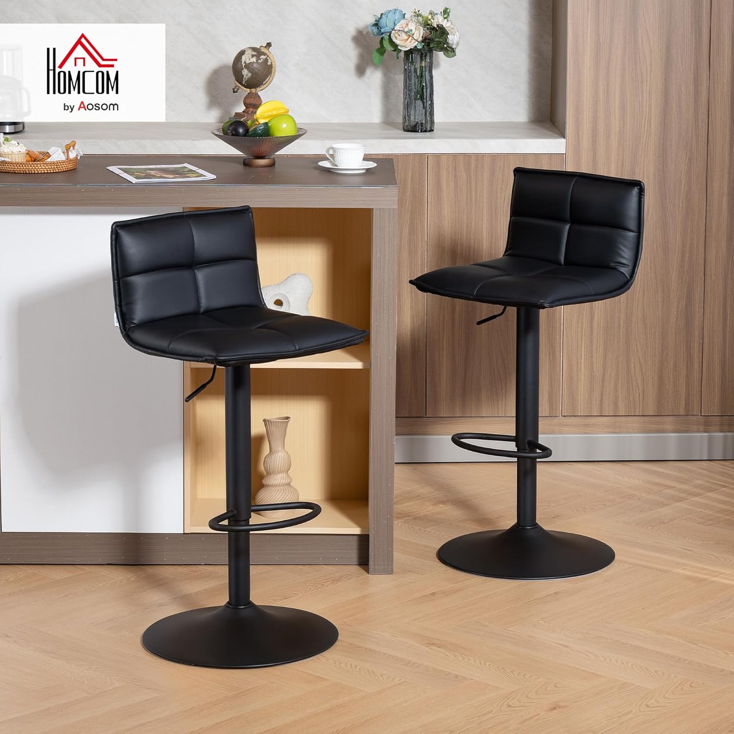 Detalle 2 de HOMCOM Lot de 2 tabourets de bar réglables avec assise pivotante en PU, dossier et repose-pieds (noir)
