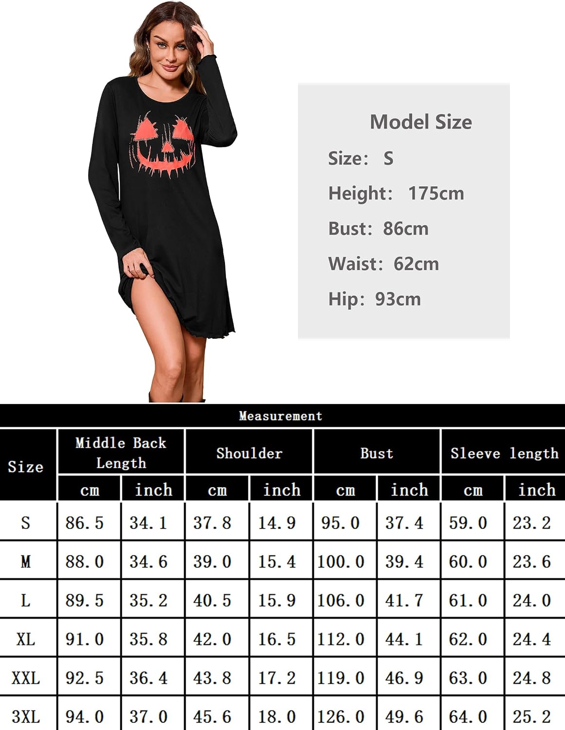 Detalle 2 de Demegimi Women's Nightdress – Long Sleeve Cotton Nightgown with Halloween Skull Print