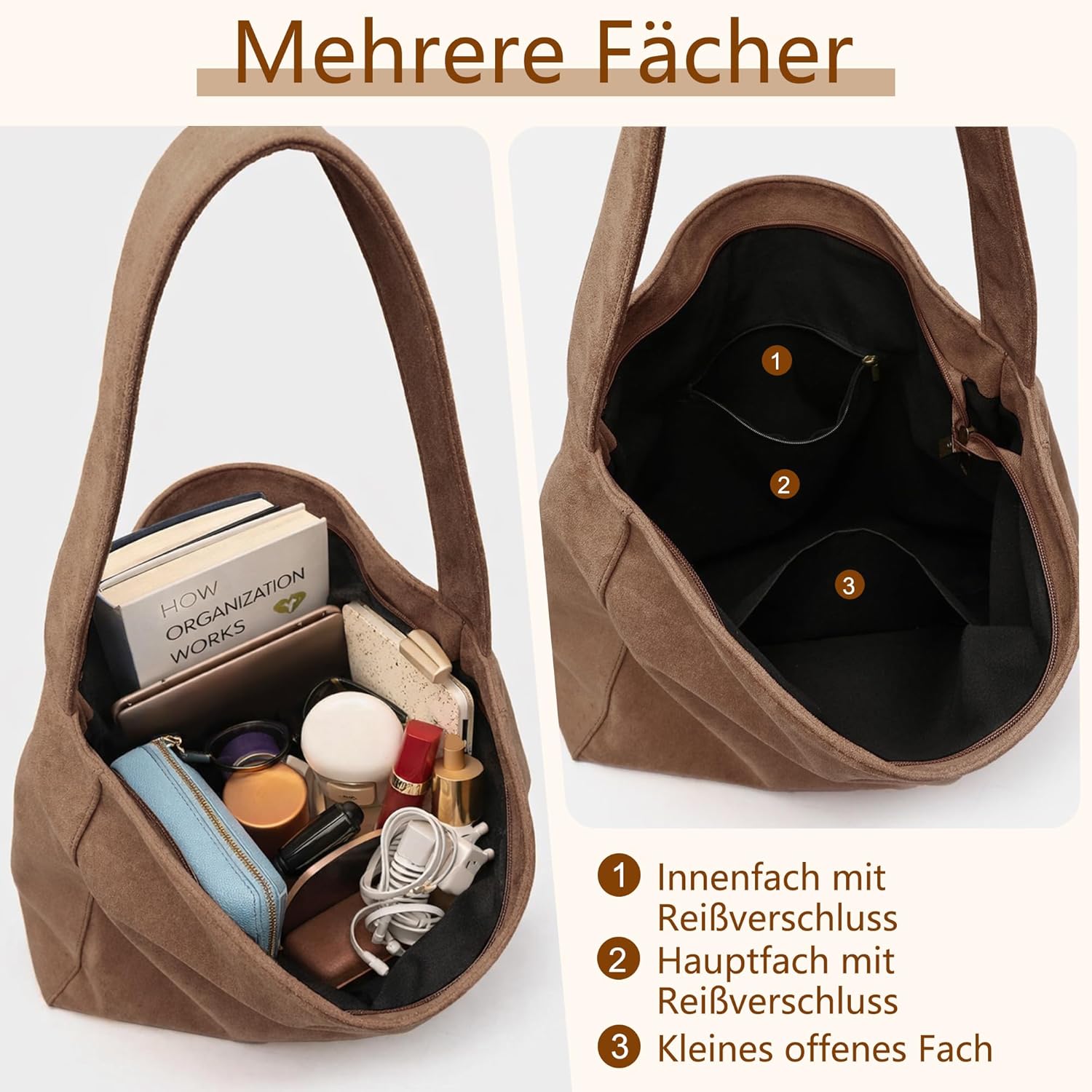 Thumbnail 4 de Gluckstar große Handtasche Damen – Shopper aus Kunstwildleder mit Reißverschluss und Schulterriemen