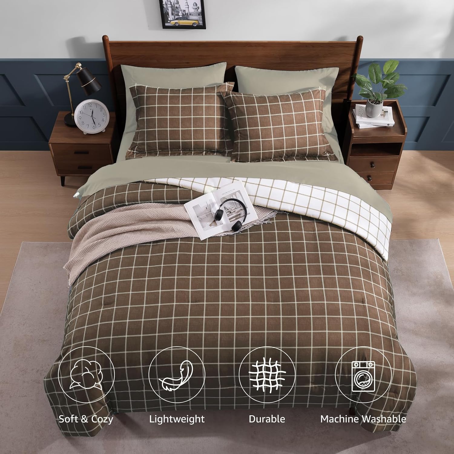 Detalle de AMBERSPACE Plaid Twin XL Comforter Set Brown – Reversible Checkered Bedding, 5-Piece Bed in a Bag