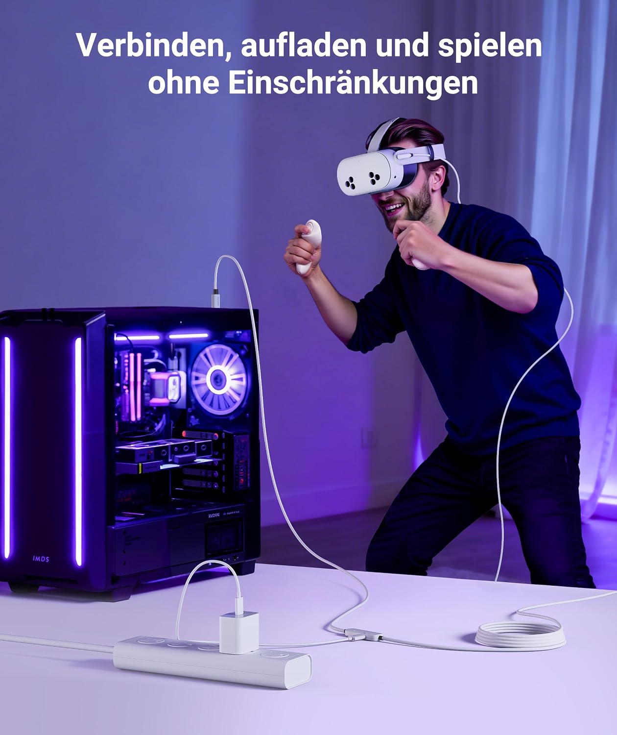 Detalle 2 de Syntech Link Kabel 5 m/16 ft – 2‑in‑1 USB-A/USB-C VR‑Kabel für Meta Quest 3S/3/2/Pro und Pico 4