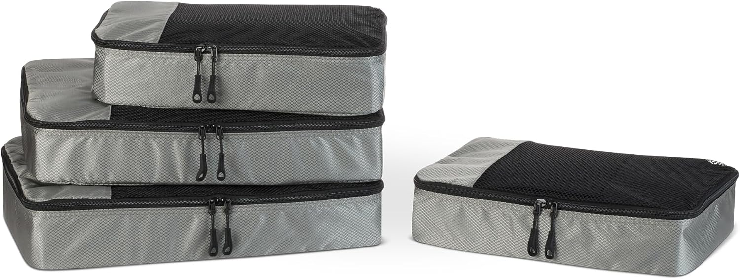 Amazon Essentials juego de 4 cubos para viaje (2 medianos y 2 grandes) con doble cremallera y malla