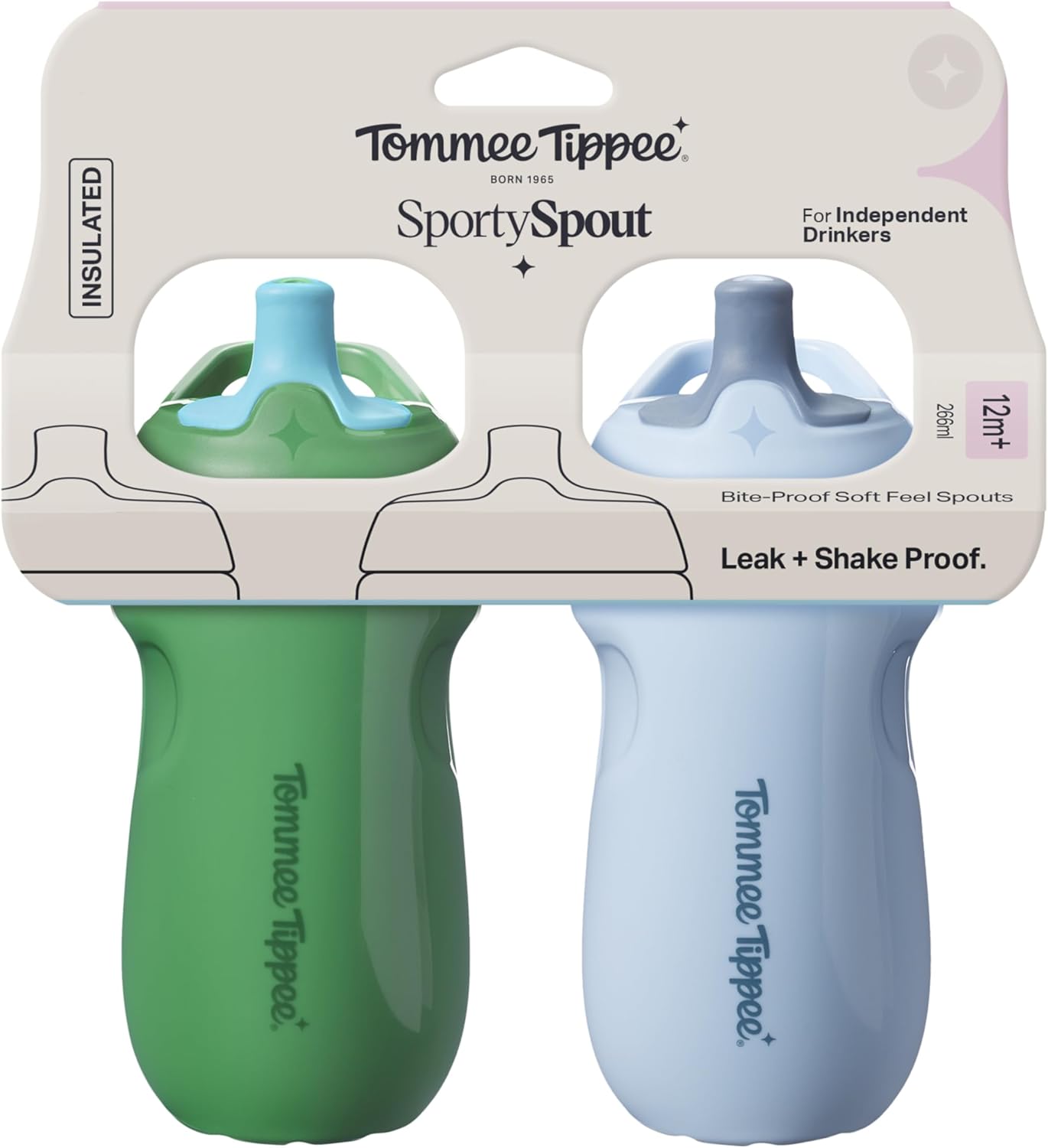 Detalle de Tommee Tippee Insulated Sporty Spout Non-Spill Toddler Cup (266ml) – Pack of 2, Blue & Green