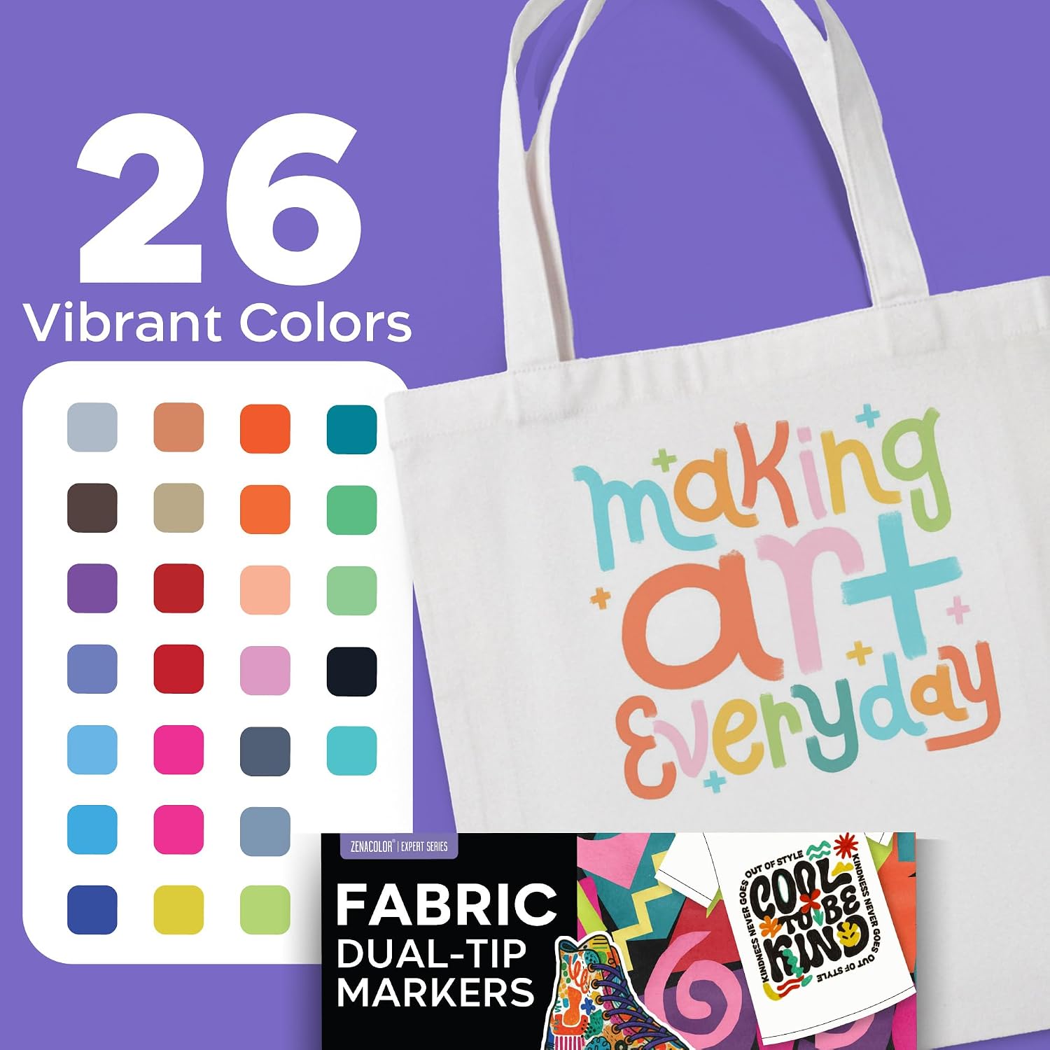 Thumbnail 3 de Zenacolor 26 Dual Tip Fabric Paint Markers – Non-Toxic, Permanent Fabric Ink for Clothes