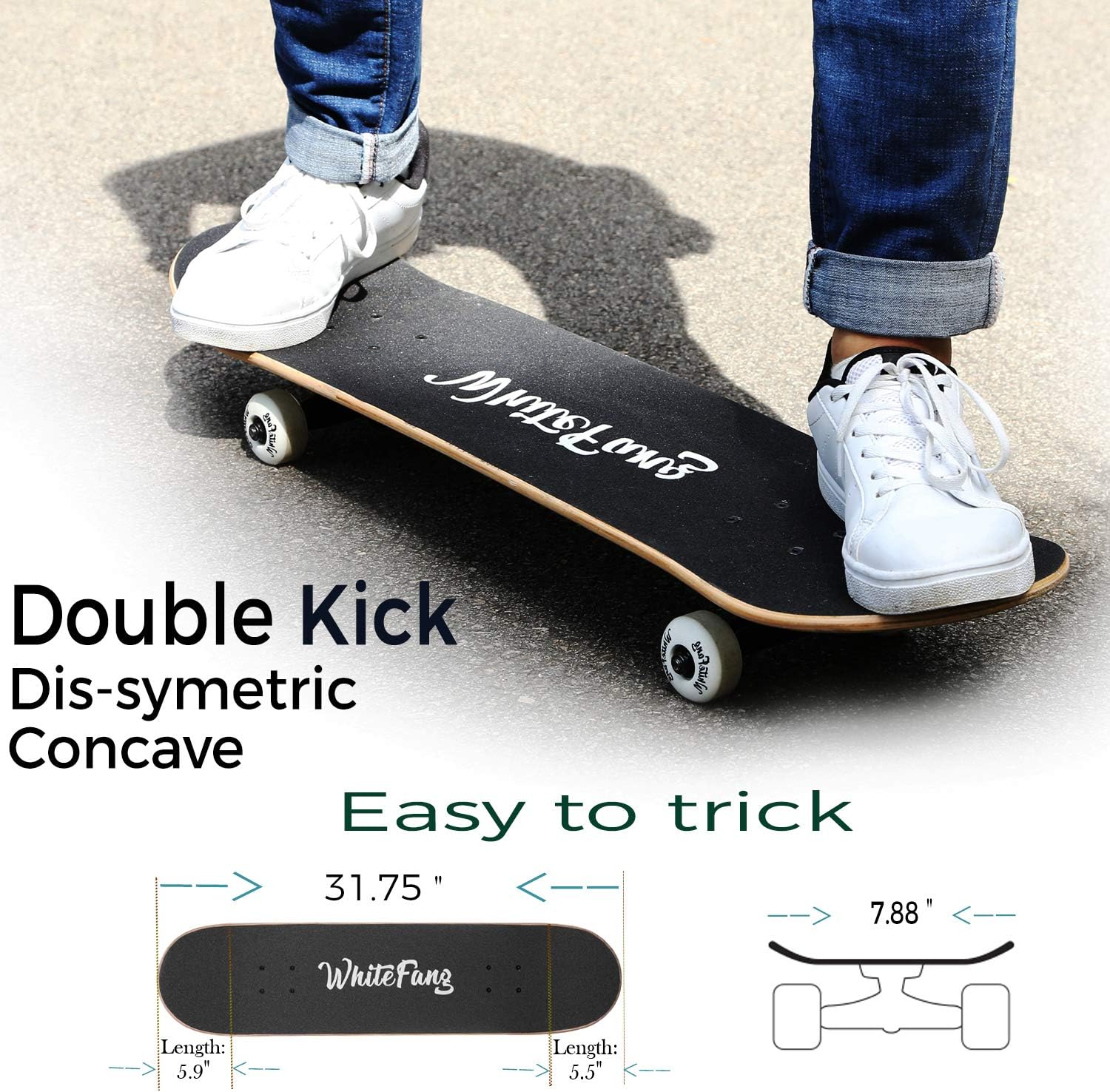 Detalle de WhiteFang 31 x 7.88" Beginner Complete Skateboard (7-Layer Canadian Maple, Double Kick)