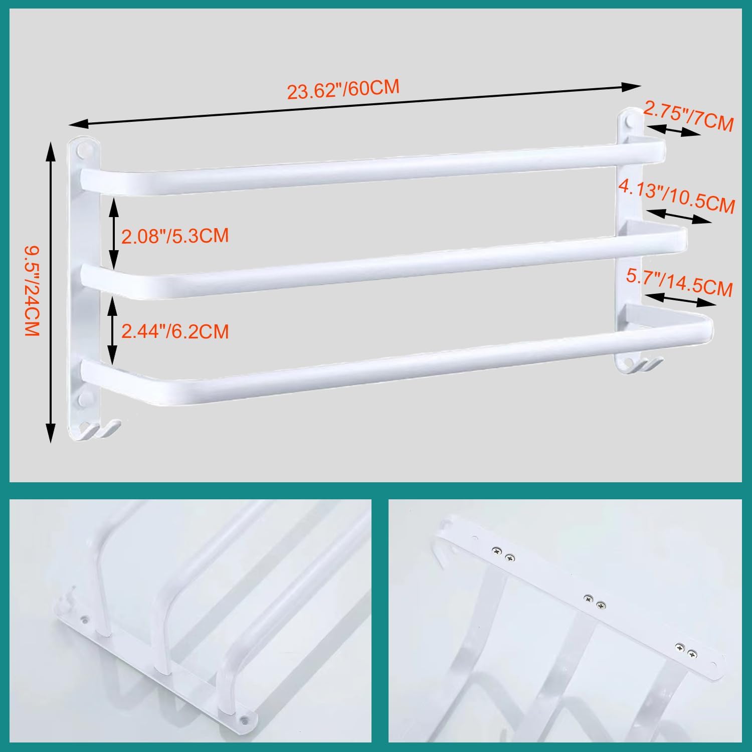 Detalle 2 de Ruhetfam 9 pcs silver towel bar handdoekhouder, 60 cm, aluminium