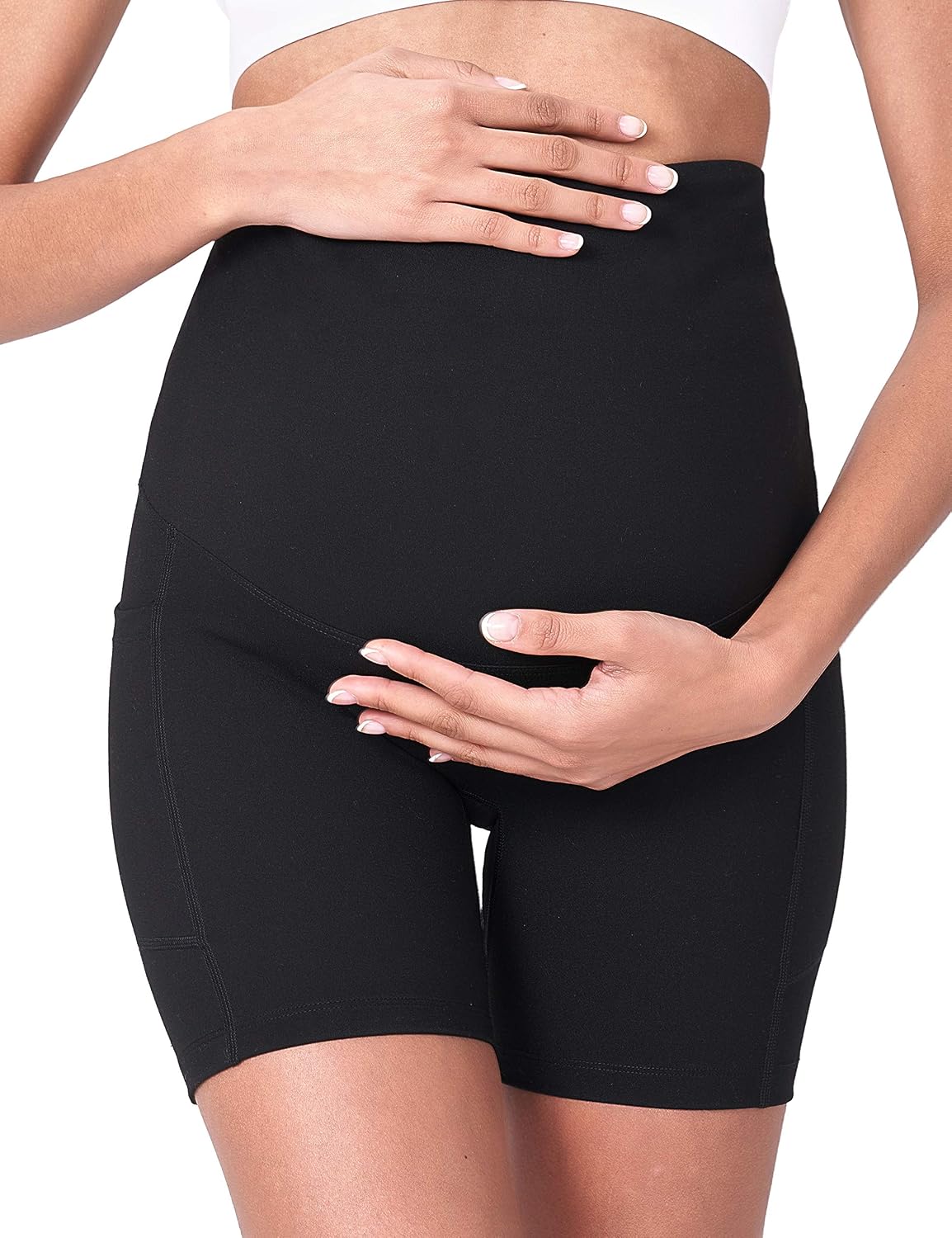 Detalle de POSHDIVAH Women's Maternity Yoga Shorts – Over Belly, 5"/8" with Pockets