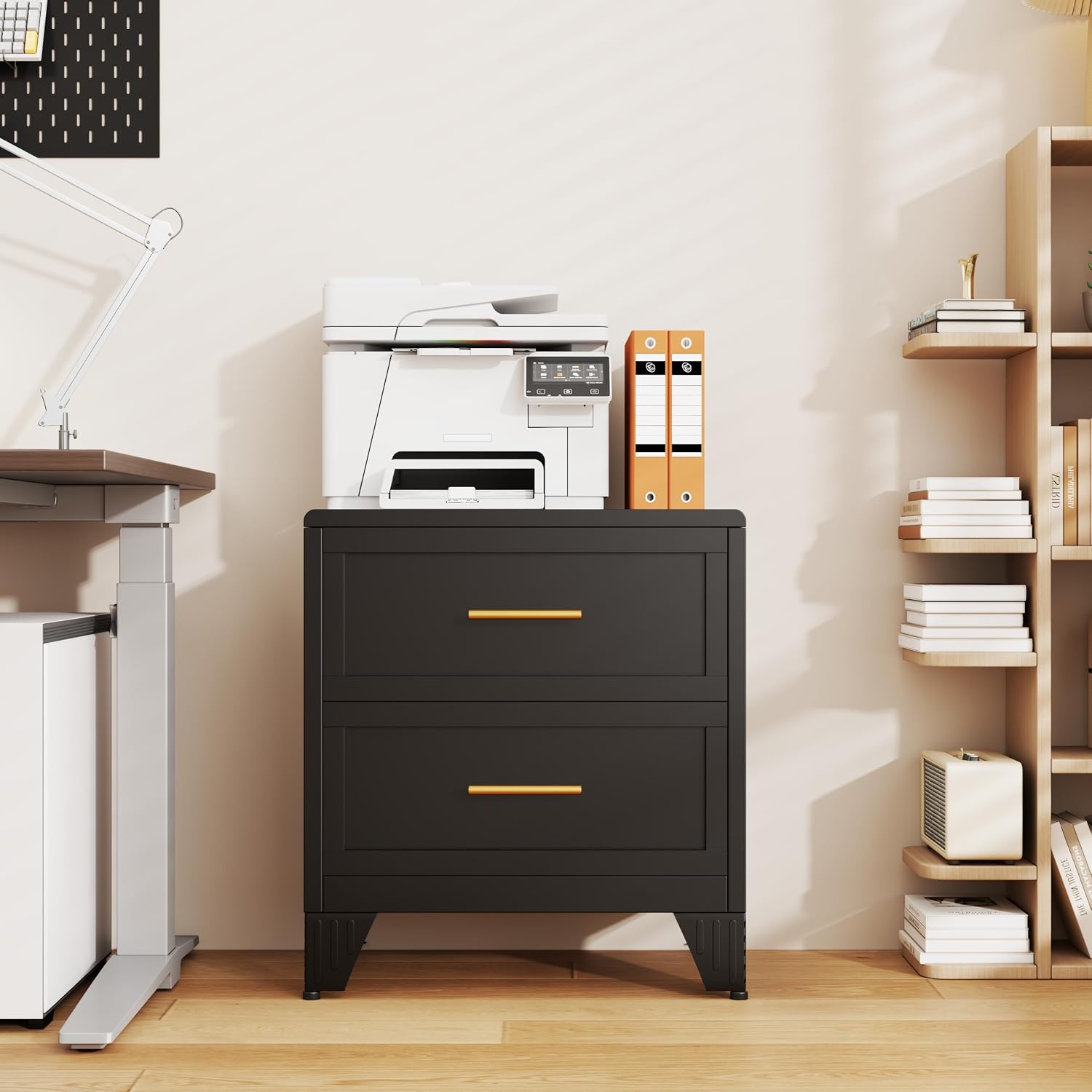 Detalle 2 de risuoge 998542 2-Drawer Metal File Cabinet, Black, with Wide Printer Stand Top