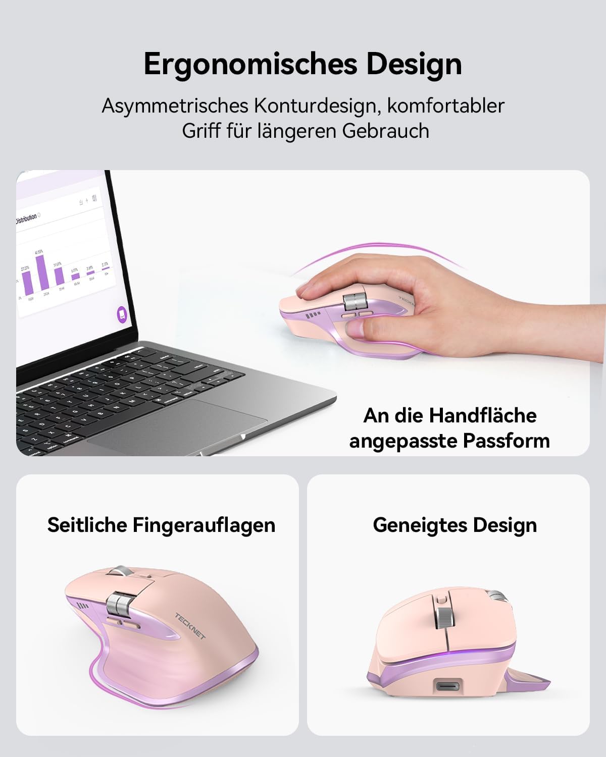 Detalle de TECKNET Bluetooth Maus kabellos – BT5.3/5.0 + 2,4 GHz, seitliches Mausrad, 4800 DPI, 7 Tasten, USB‑C Aufladung, rosa (Rechtshänder)