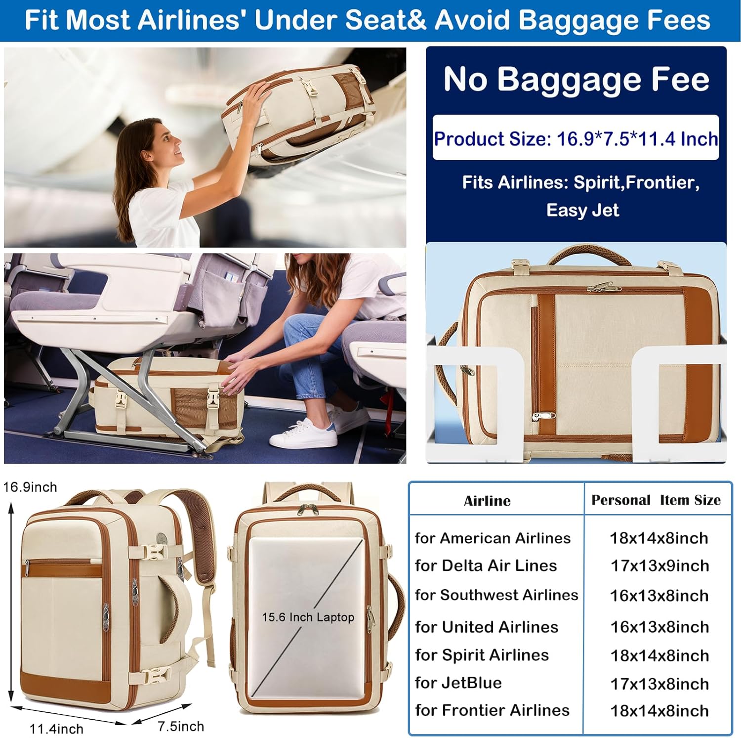Thumbnail 1 de Travel Backpack for Women: Airline-Approved Carry-On with Shoe Pouch and 15.6” Laptop Compartment — Beige