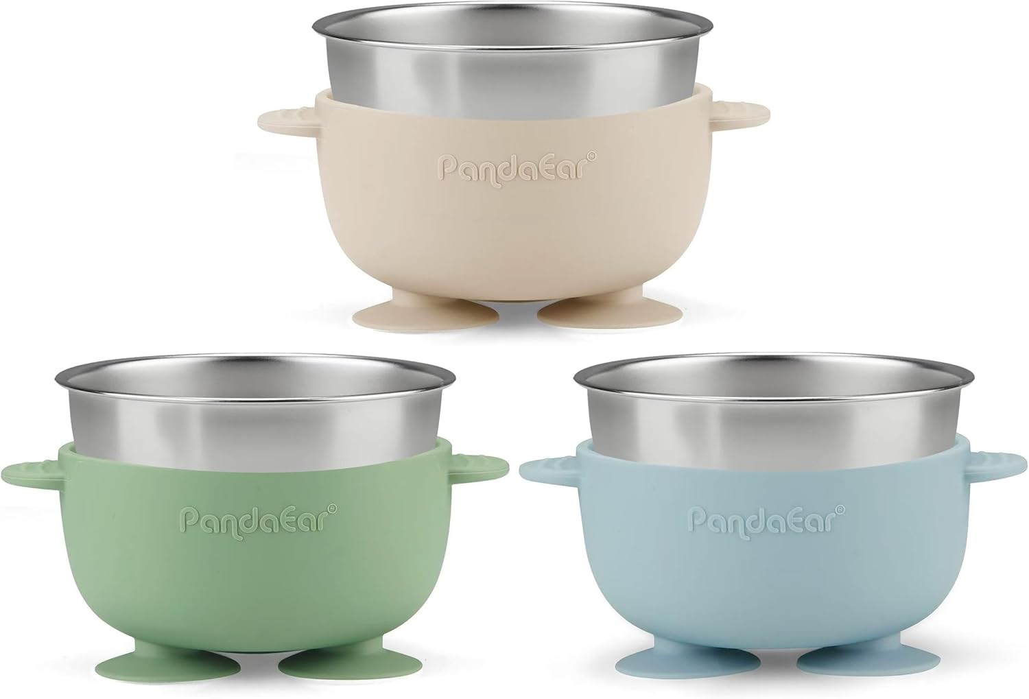 Detalle de PandaEar 3er Set Edelstahl Baby Schüsseln mit Saugnapf – Breischale für Babybrei, BPA-frei, rutschfest, bruchsicher (Blau/Grün/Braun)