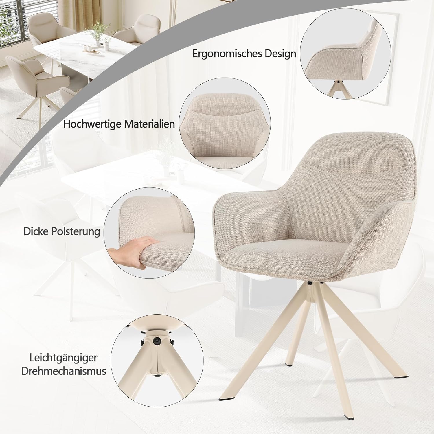 Detalle de Goeurvant Sedia da pranzo beige con bracciolo – set da 6 sedie girevoli, imbottite in poliestere