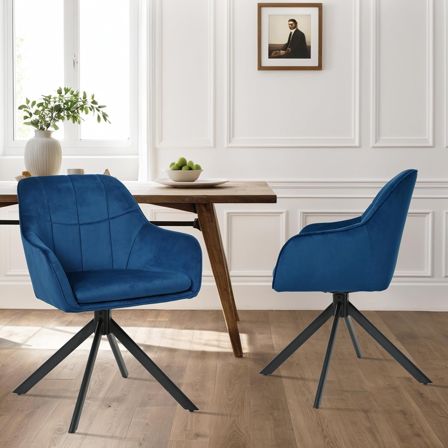 Thumbnail 1 de Lot de 4 chaises pivotantes à 360° en velours avec accoudoirs Goeurvant – bleu foncé