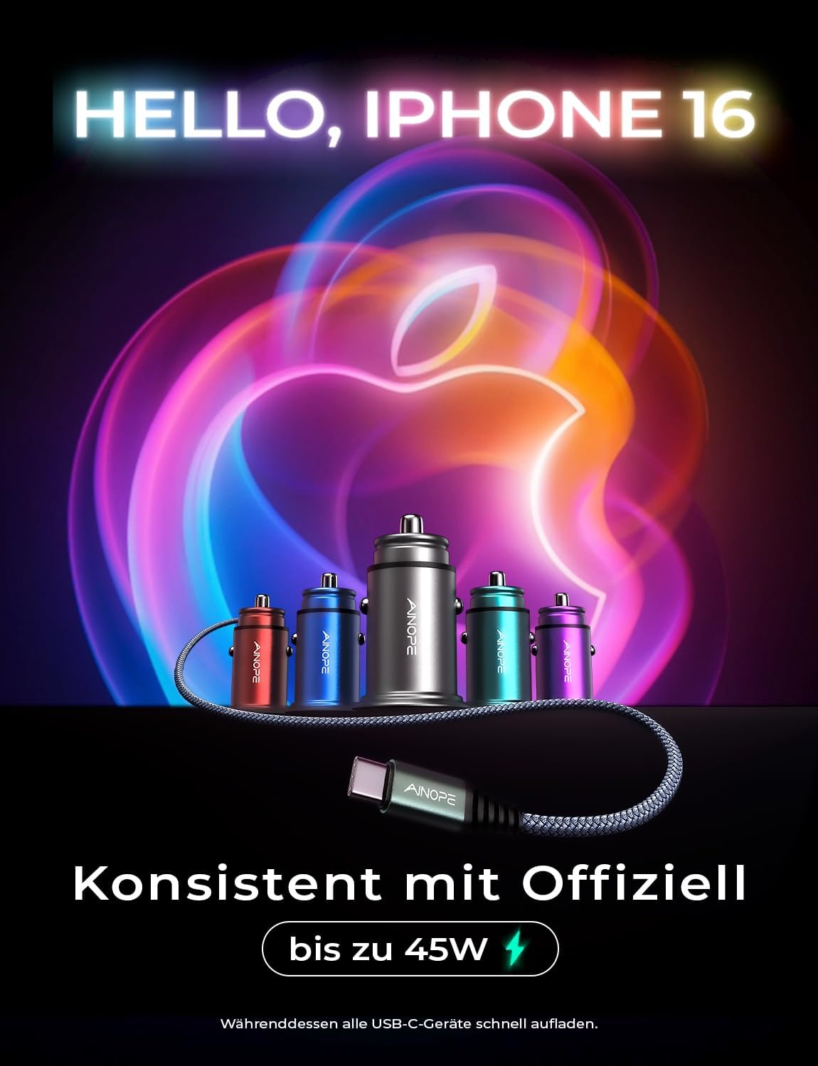 Detalle de AINOPE 67.5W Zigarettenanzünder USB-C Auto Ladegerät mit 45W PD & 22.5W QC – inkl. 60W USB-C-C Kabel
