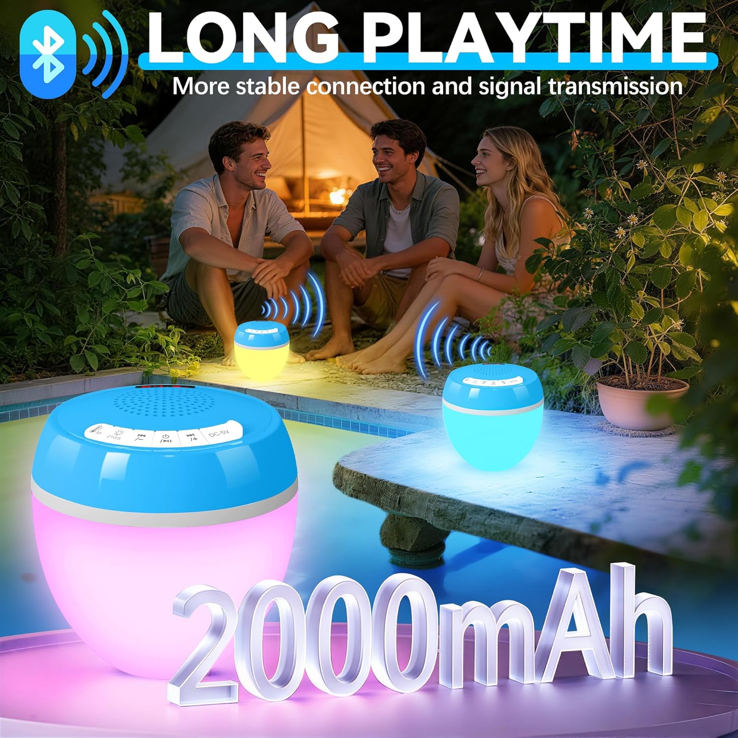 Detalle de AearKing 3 en 1 Enceinte Bluetooth Piscine: Thermomètre Numérique, Lumière Ambiance et Son Stéréo IP68
