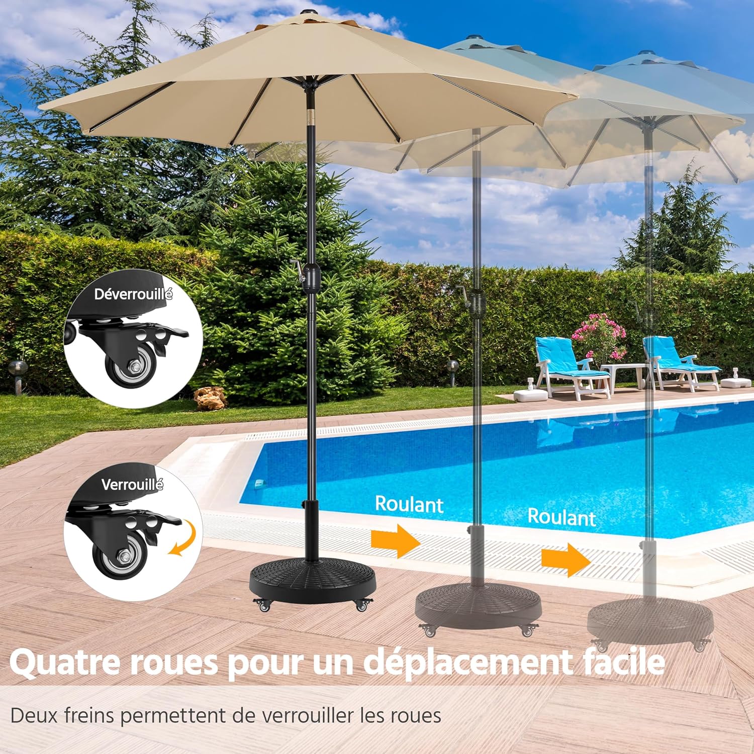 Detalle de Yaheetech Pied de Parasol à Roulettes 24 kg / Base 52 cm – Résine et métal pour parasol Ø 3,8 cm ou 4,8 cm
