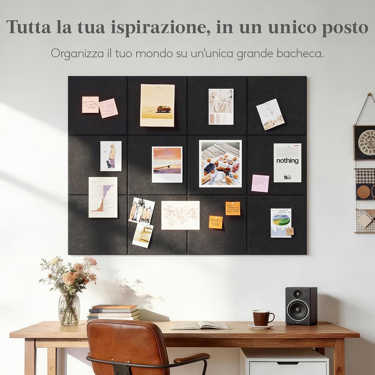 Detalle 2 de Lifewit Bacheca in feltro adesiva, set da 6 pannelli 30x30 cm con puntine incluse (Nero intenso)