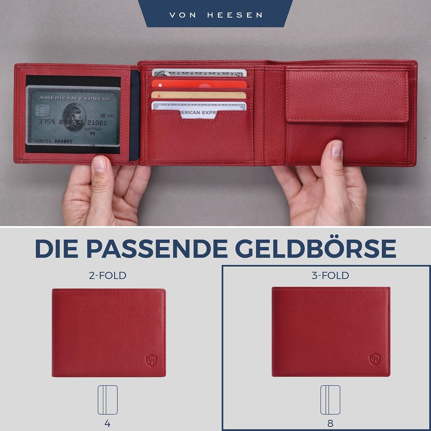 Detalle 2 de VON HEESEN Leder Geldbörse mit RFID-Schutz – Echtleder Brieftasche in Rot
