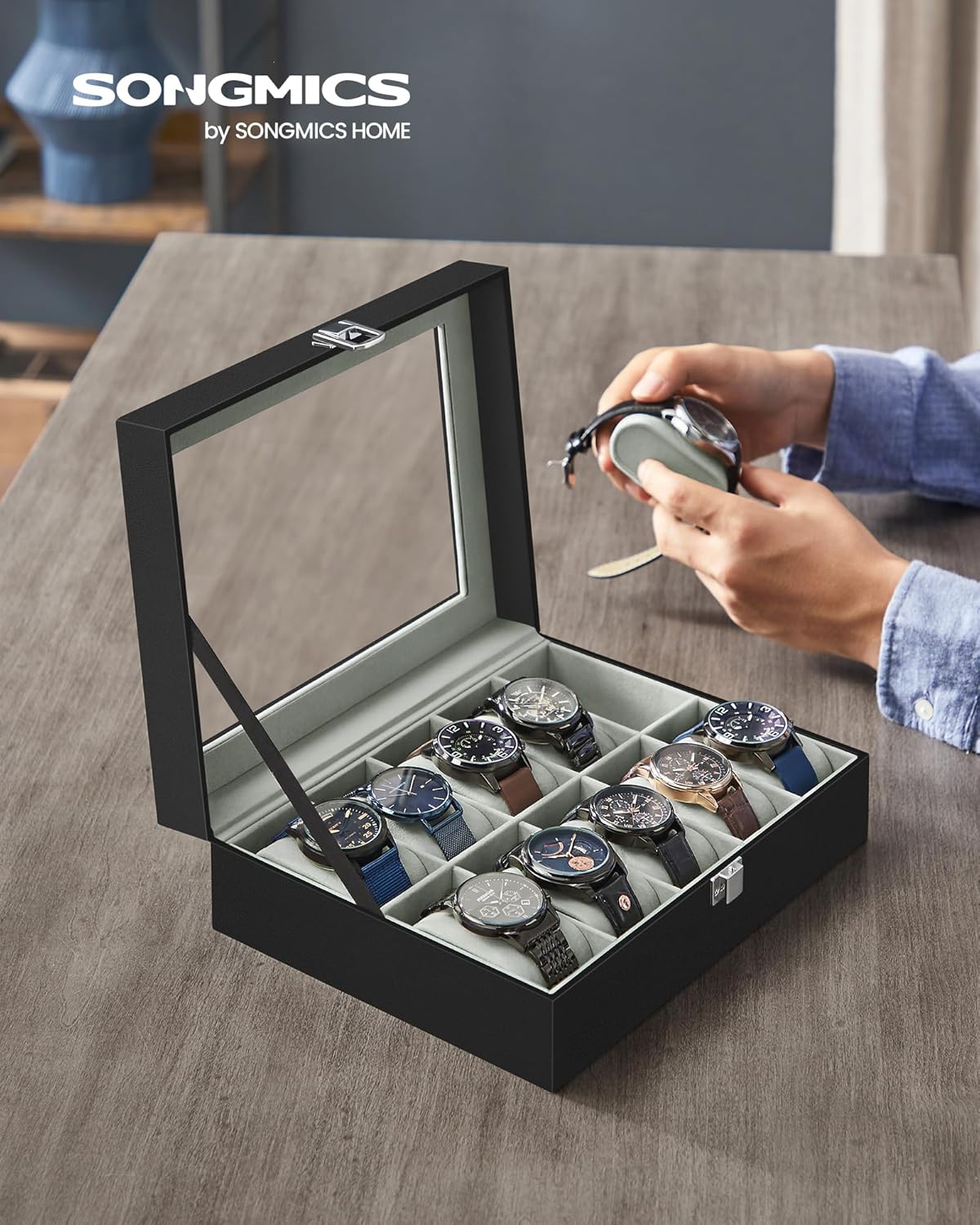 Thumbnail 1 de SONGMICS Boîte à Montres 10 Emplacements JWB010BK — Coffret élégant avec couvercle en verre et intérieur velouté