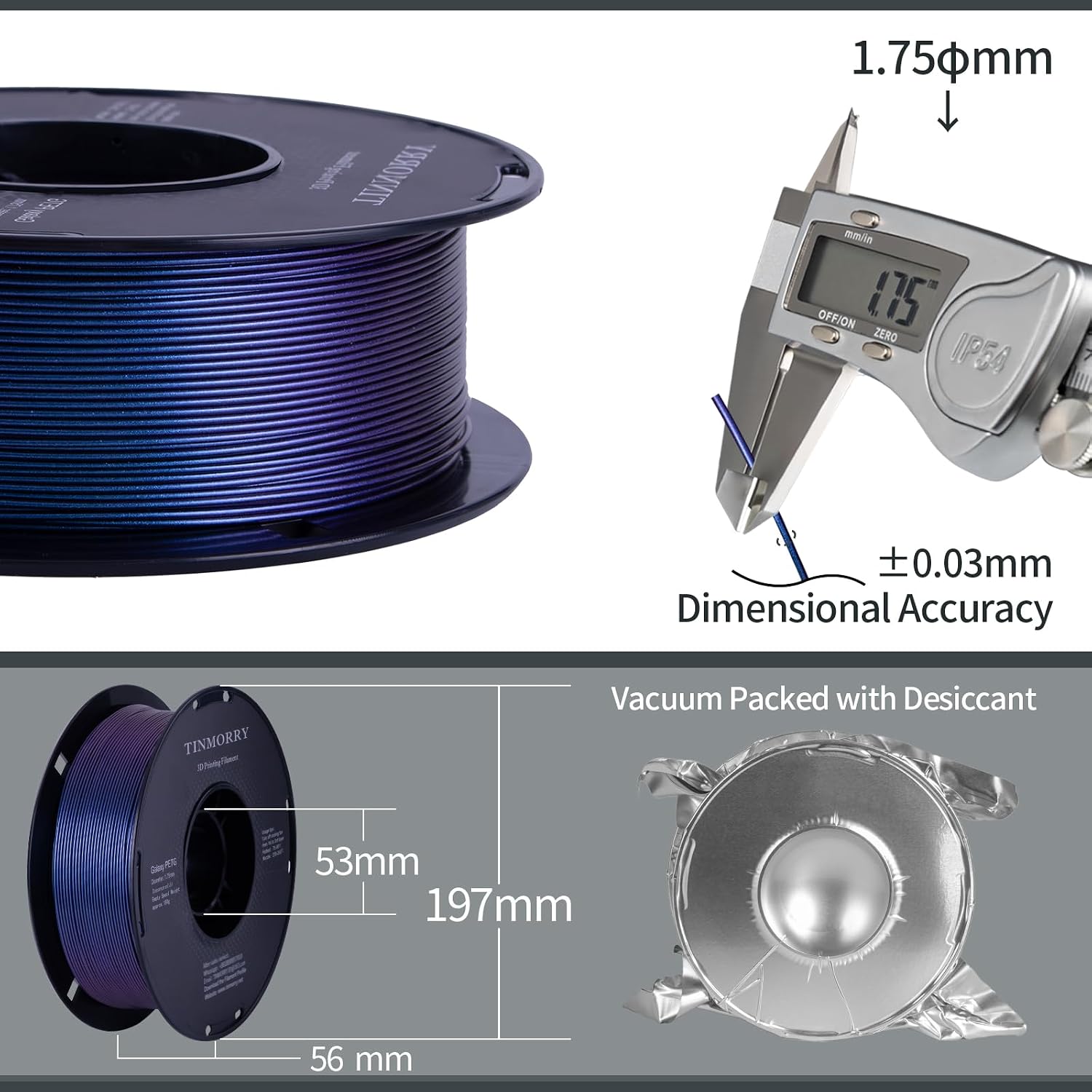 Detalle 2 de TINMORRY PETG Filament 1,75 mm (Galaxy Jewel Blue) – 1 kg Spule für Bambu FDM-Drucker