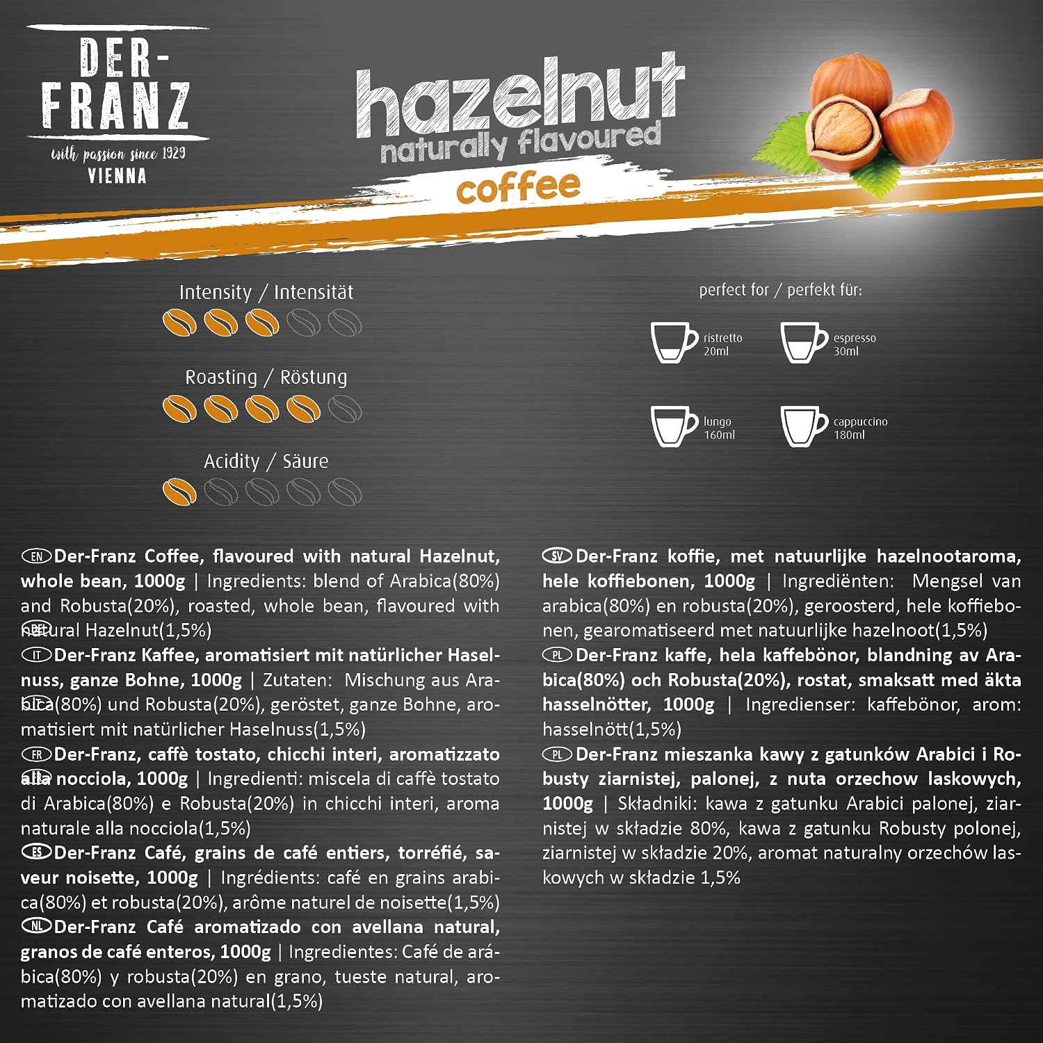 Detalle de Der-Franz caffè Aromatizzato alla Nocciola — Miscela Arabica/Robusta 1 kg