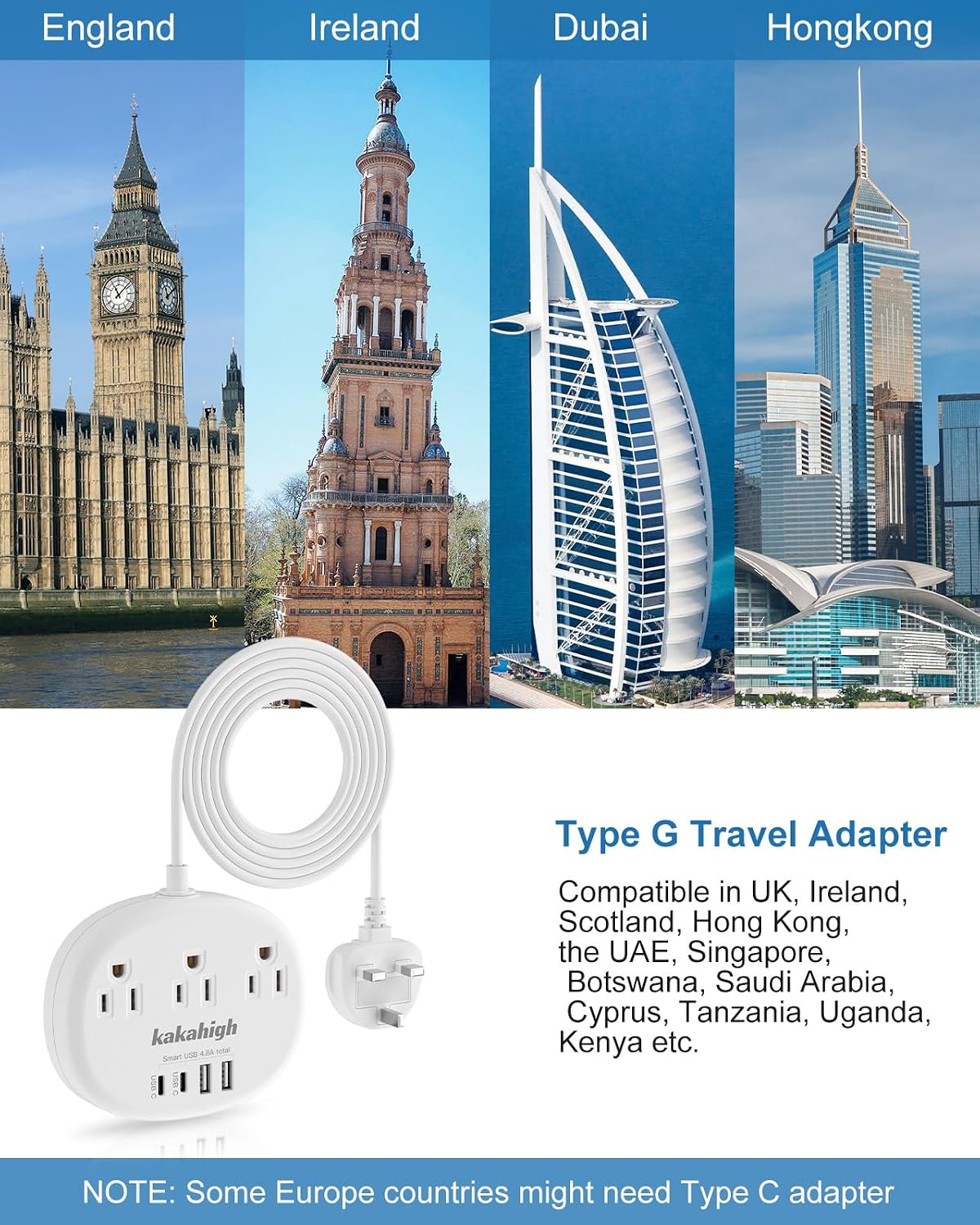 Thumbnail 1 de kakahigh 771 UK Travel Adapter Power Strip, 3-Foot Cord, 3 Outlets & 4 USB Ports