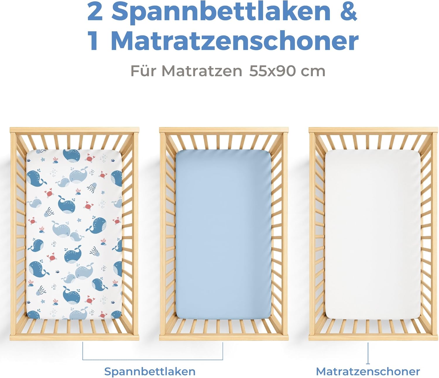 Thumbnail 1 de Dreamzie Set 2 Spannbettlaken Kinderwagen + 1 Matratzenschoner Babybett (55x90 cm) – 100% Baumwolle, wasserdicht