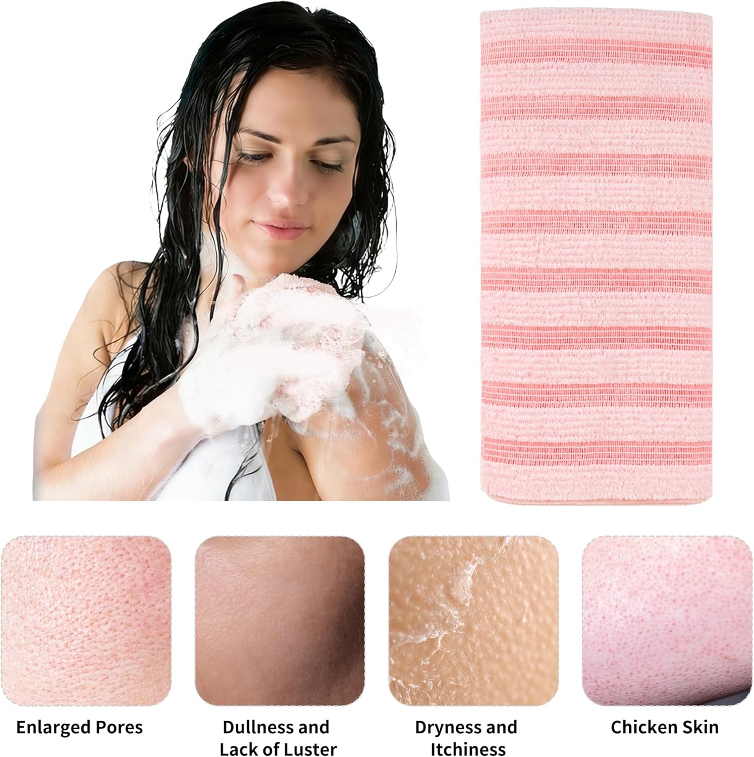 Thumbnail 4 de Herbbree 3Pcs Exfoliating Shower Towel – Extra Long Japanese Back Scrubbing Set (Black, Grey, Pink)