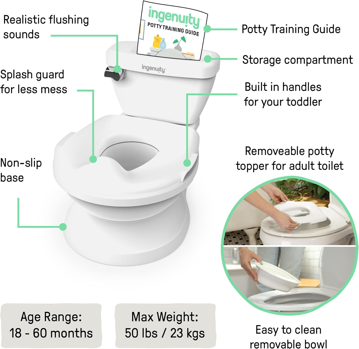 Detalle 2 de ingenuity Kids2 マイサイズポッティ 11124 子ども用おまる、リアルなトイレ型デザインと水洗音