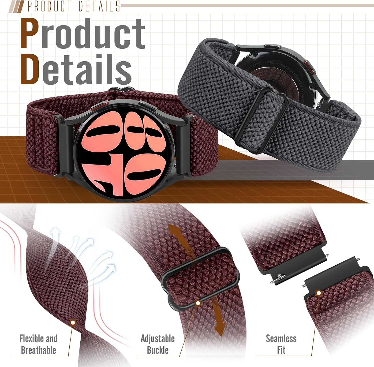 Detalle de Yunshare Quick Release Elastic Nylon Watch Strap (18mm–24mm), 3 Pack for Samsung, Garmin, Fossil and more