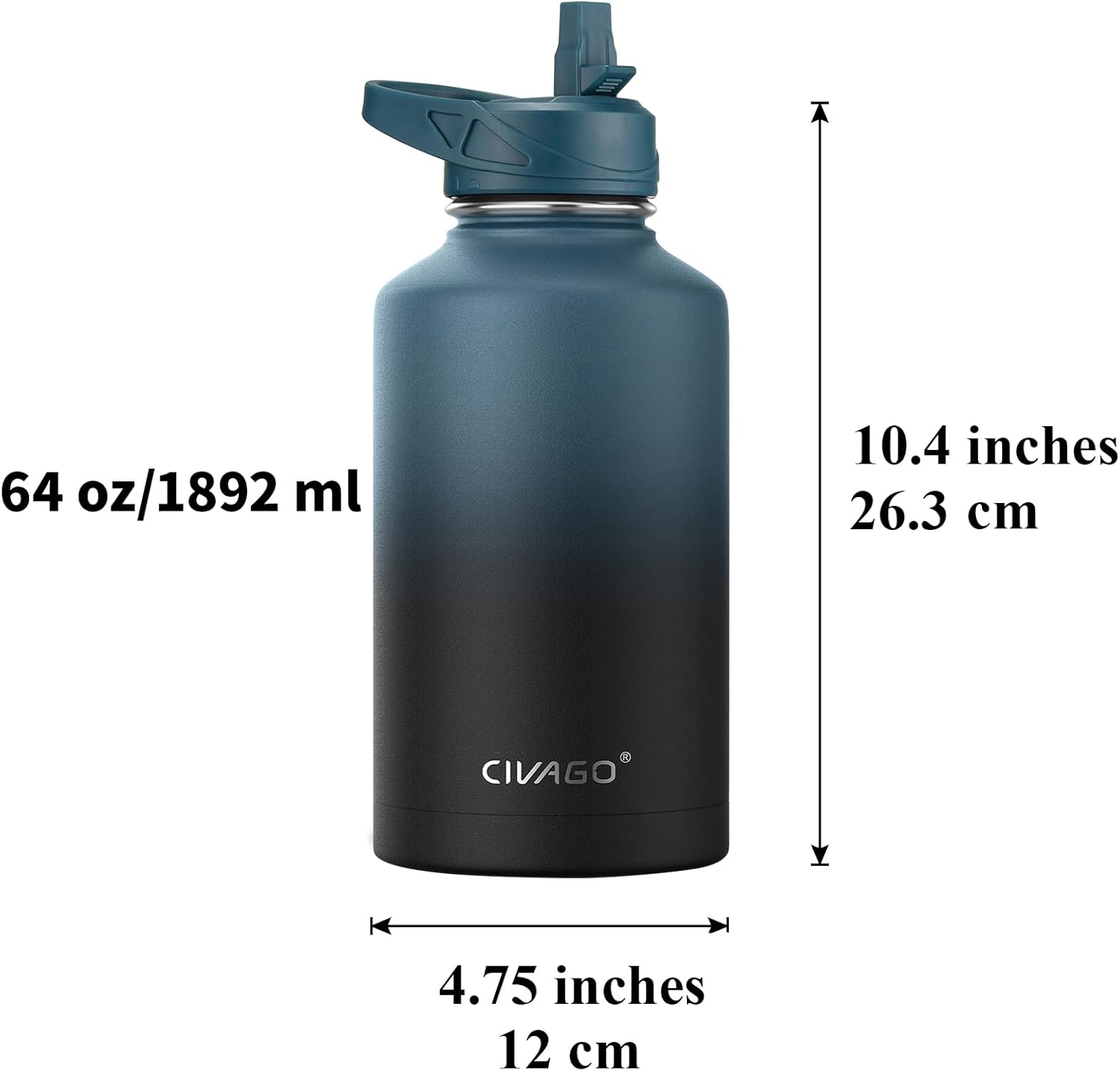 Thumbnail 3 de CIVAGO 64 oz Insulated Water Bottle with Straw, 3 Lids — Midnight Black