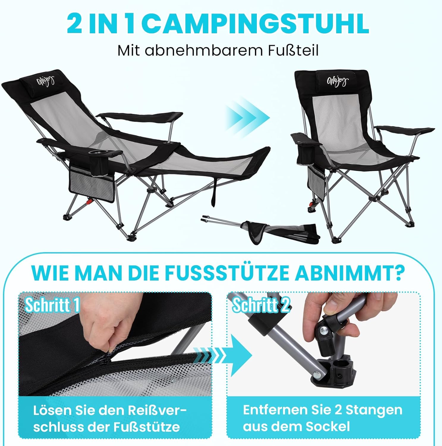 Thumbnail 3 de WEJOY 2-in-1 Campingstuhl 180 kg mit Fußstütze – 4-Verstellbare Rückenlehne, kompakt klappbar, Getränkehalter und Liegeposition