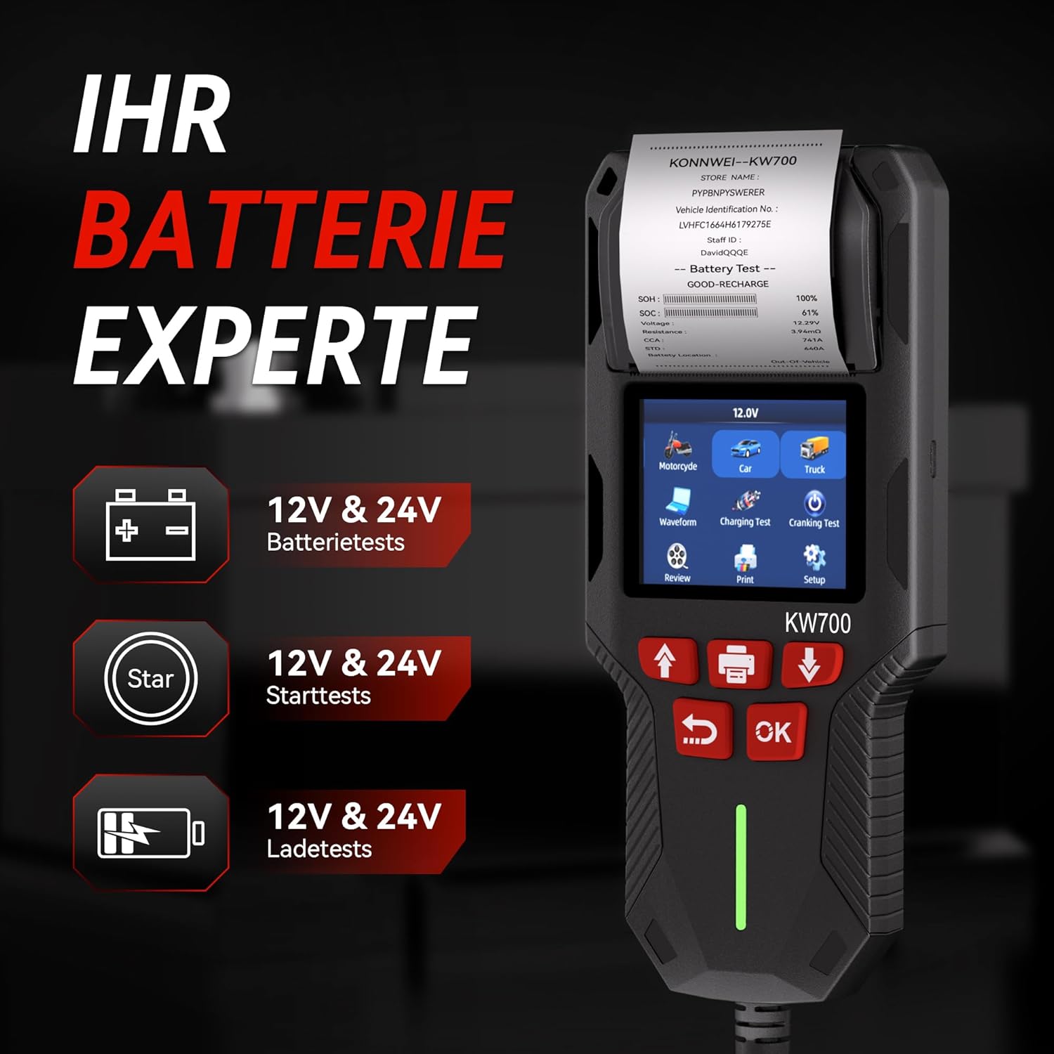 Detalle 2 de KONNWEI KW700 Autobatterietester mit Drucker für 12 V/24 V (Anlass- und Ladetest, 10–2000 CCA)