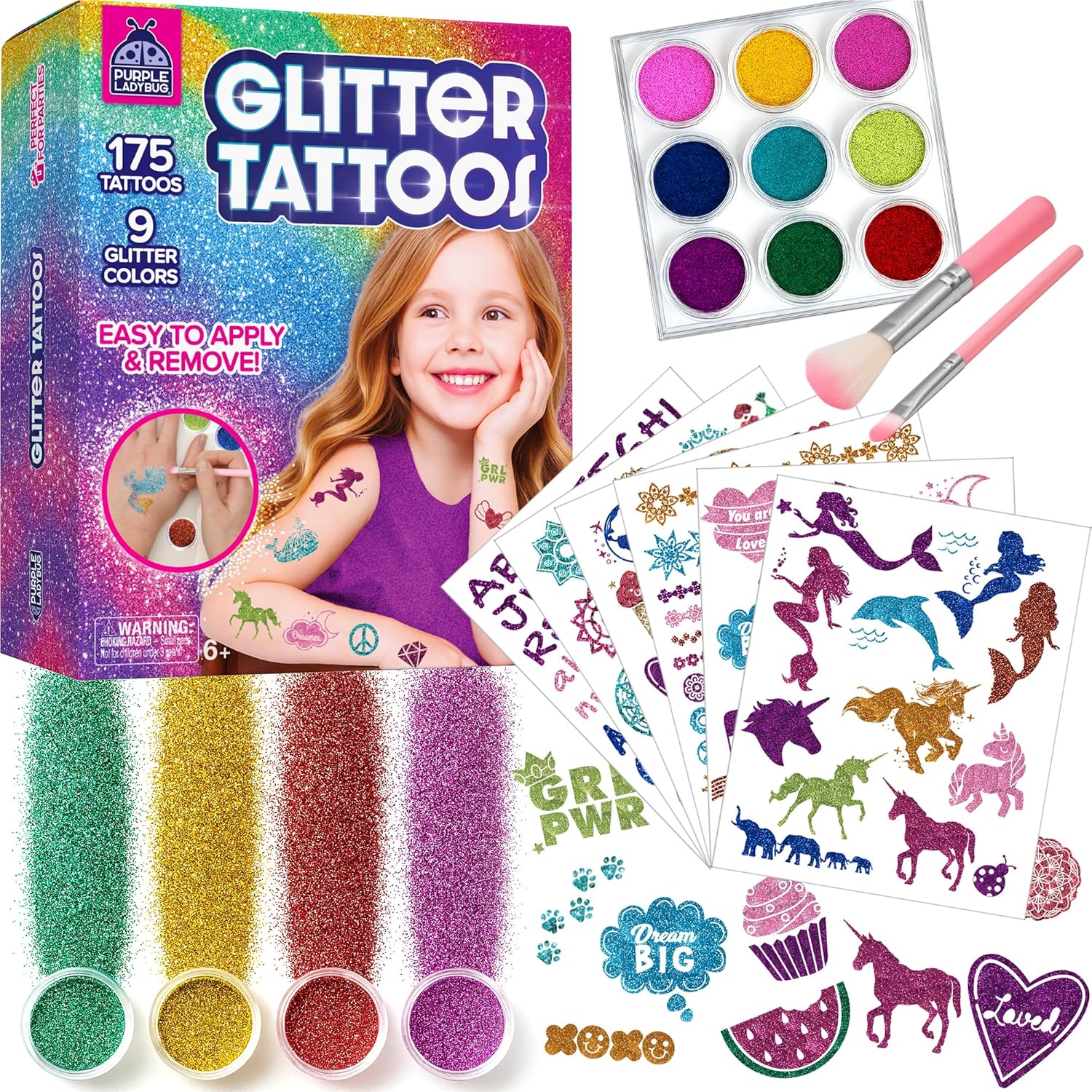 Detalle de Purple Ladybug 175-Piece Temporary Glitter Tattoos Kit for Kids (Ages 6–12)