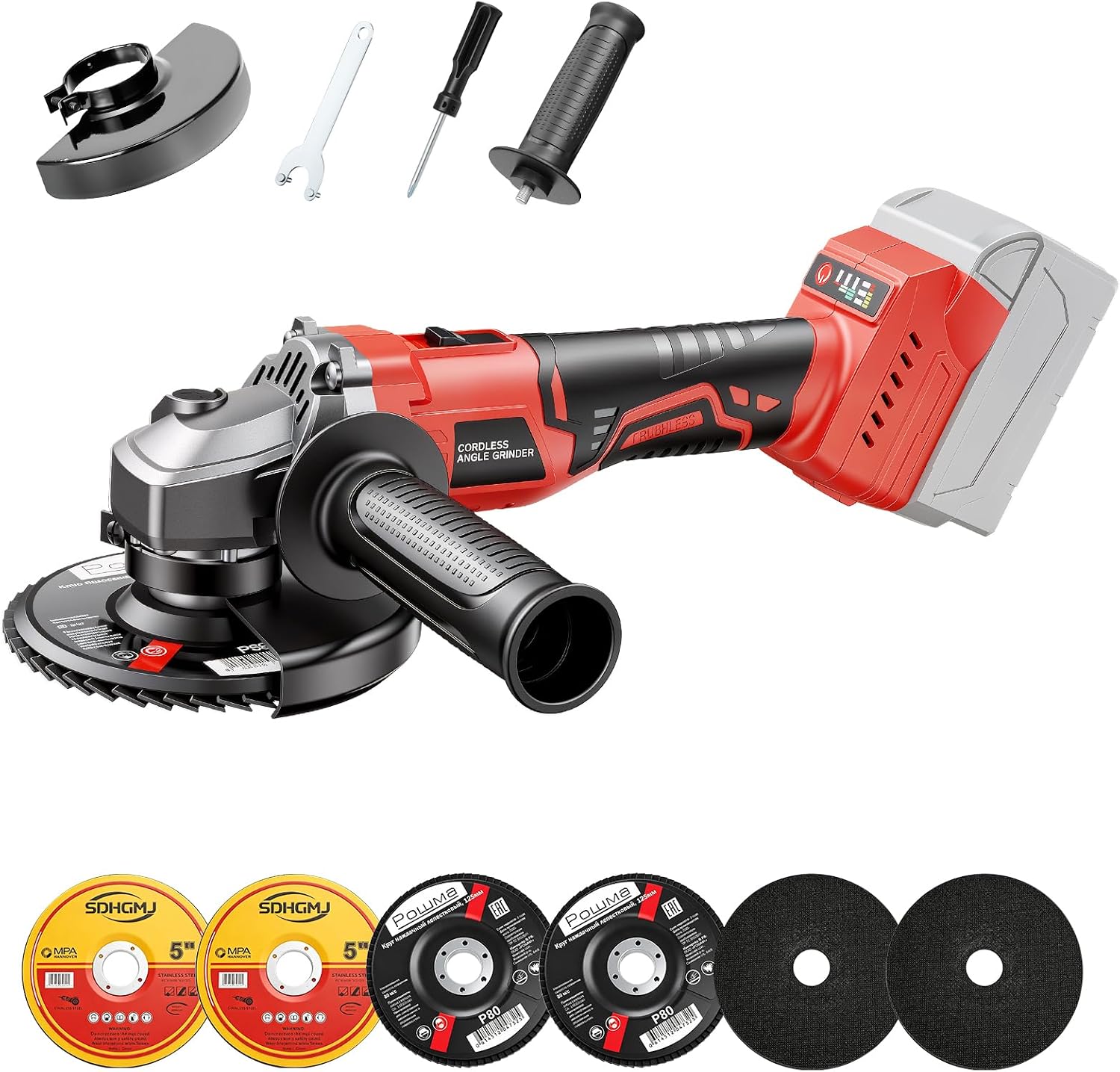 Detalle de YEARTOP 205760 Cordless Angle Grinder, Brushless, 3-Speed, 4-1/2"/5