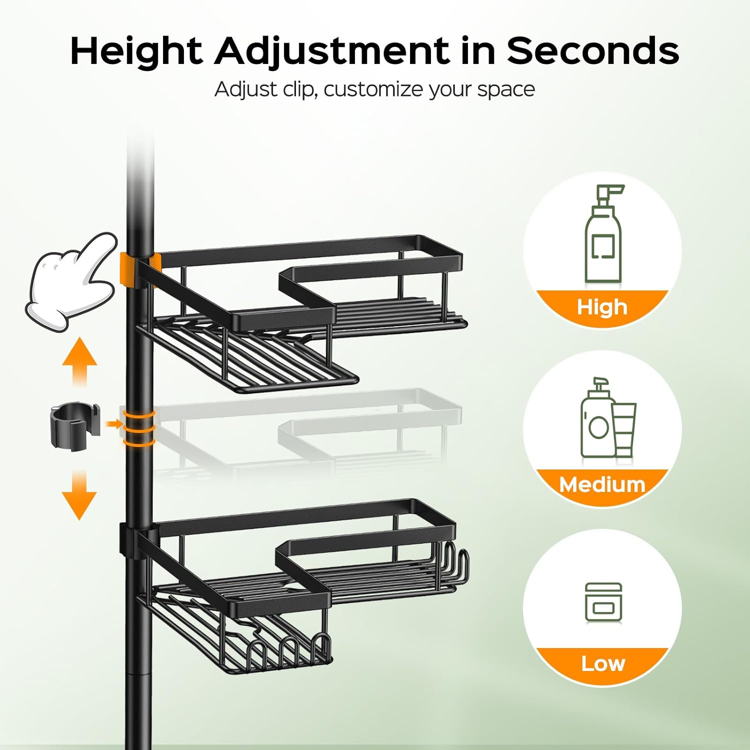 Detalle 2 de HAMITOR Shower Caddy Tension Pole: 4-Tier Corner Rustproof Organizer (No-Drill, 47.71"–123.6" Adjustable) for Renters