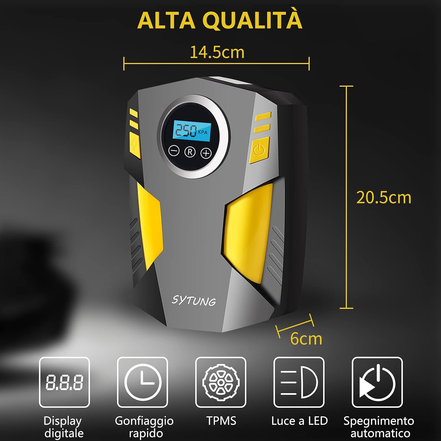 Detalle de SYTUNG Compressore Aria Portatile con 3 Adattatori e LED — Gonfia Pneumatici e Oggetti Gonfiabili