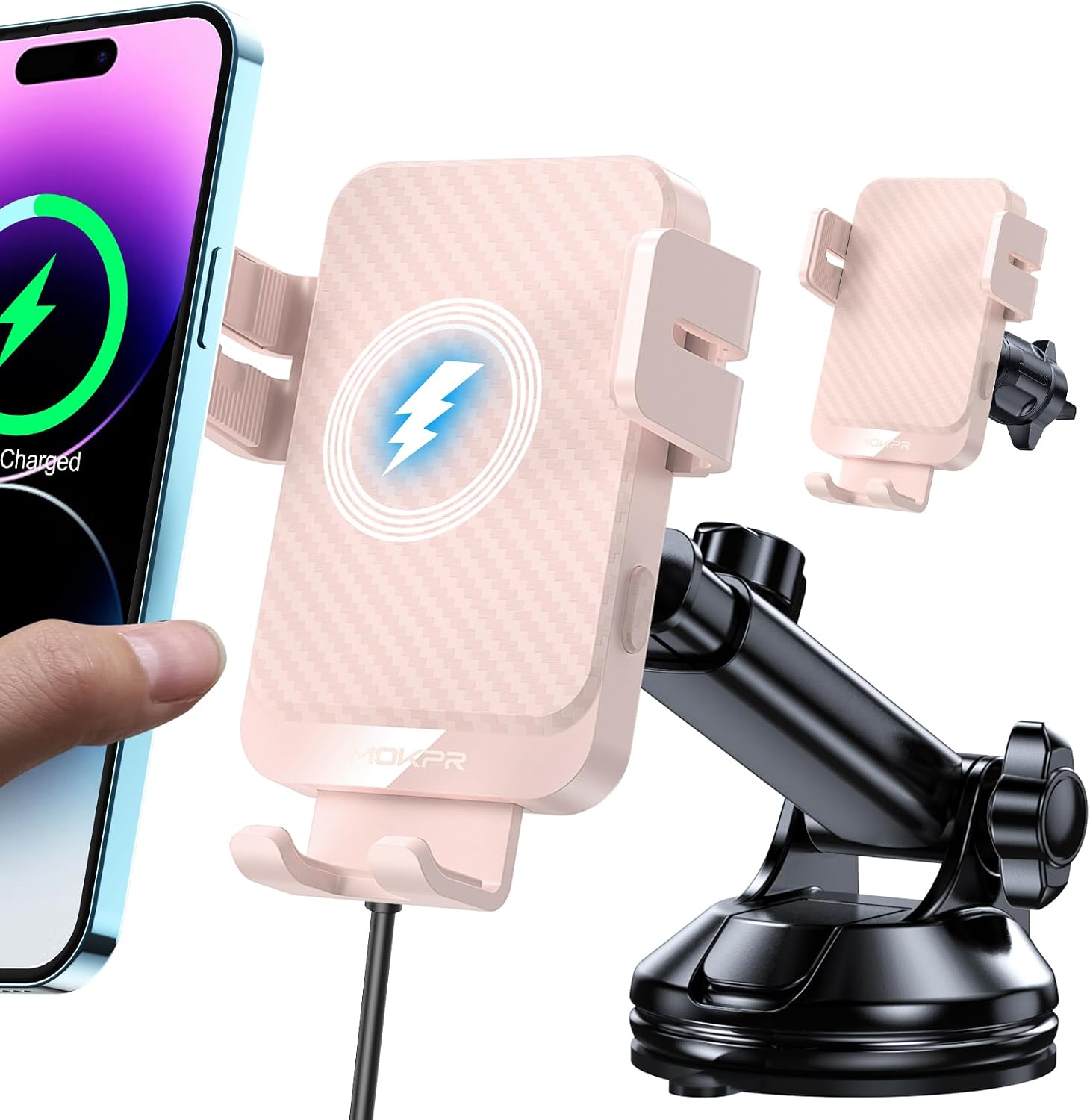 Detalle de Handyhalterung Auto mit Ladefunktion (15W) – MOKPR Induktives Qi-Laden inklusive Kfz-Ladegerät, 360°-Halter (Rosa)