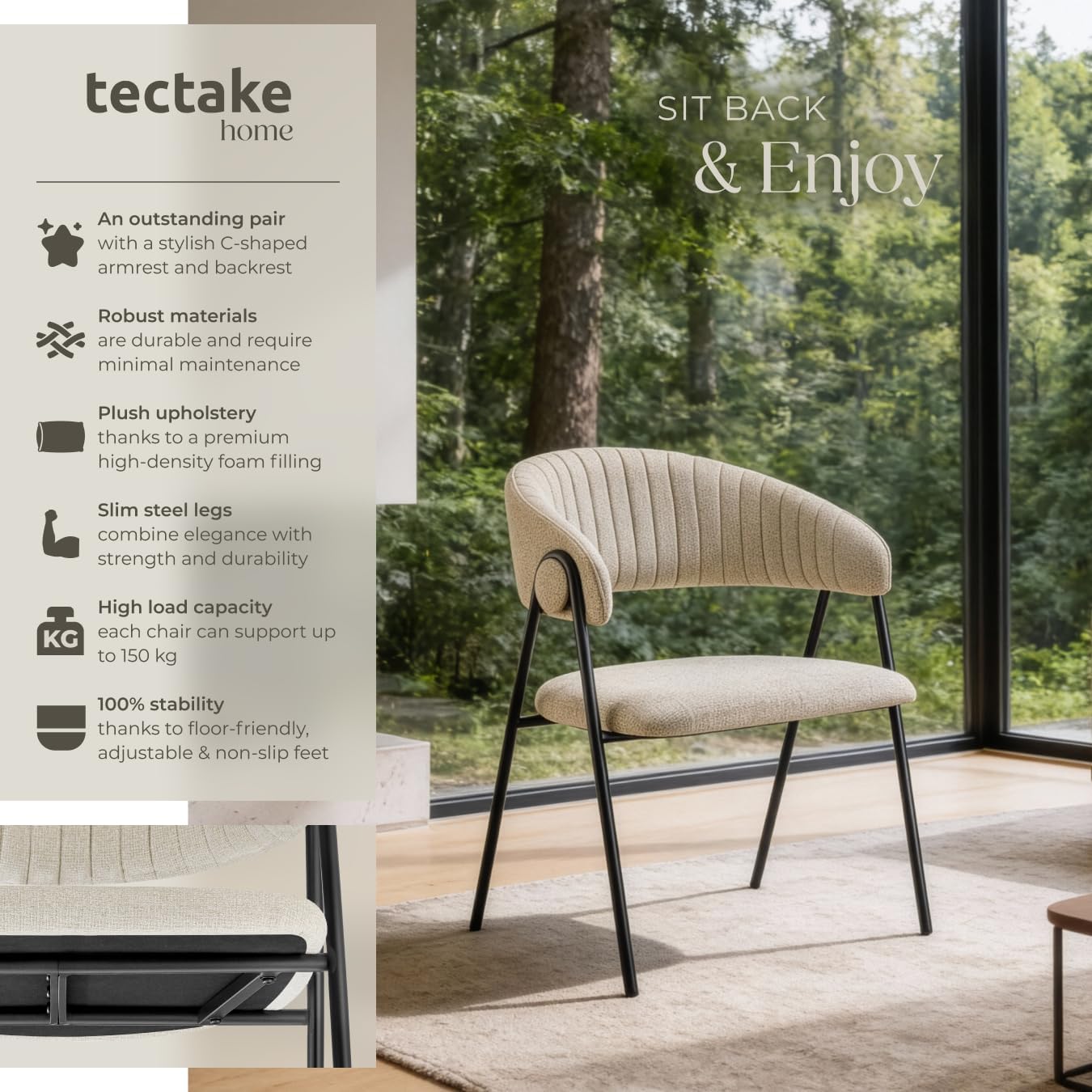 Detalle de tectake Bedano 405509 fåtöljstolar, 2-pack med armstöd och C-format ryggstöd
