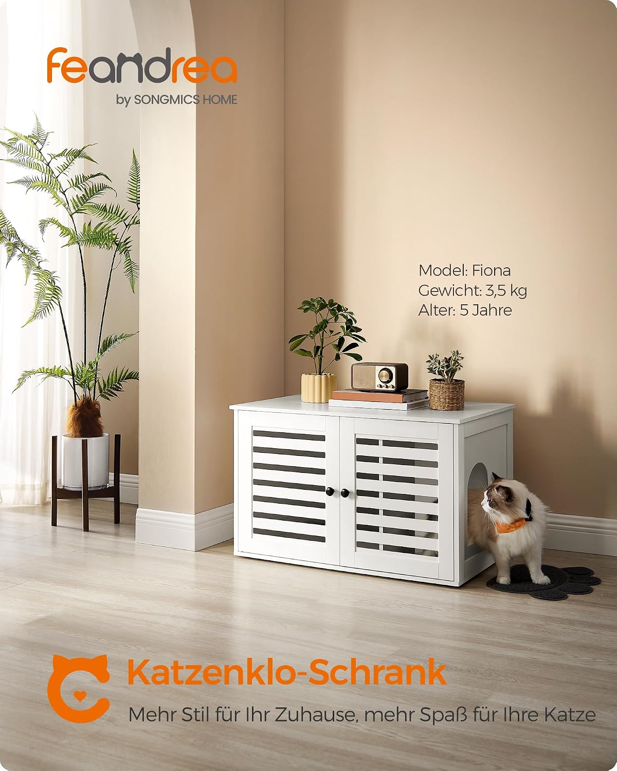 Detalle de Feandrea Katzenklo-Schrank, Katzenhaus mit Lamellentüren – wolkenweiß, 80 x 53 x 49 cm