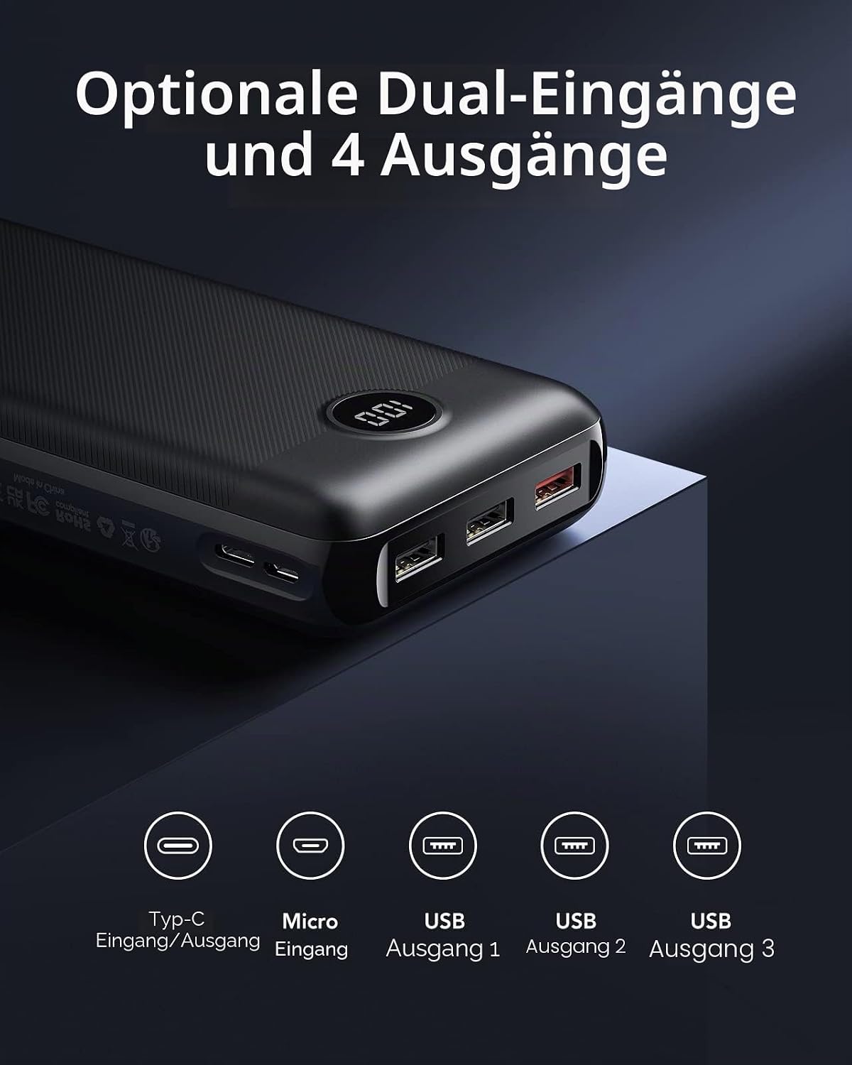 Detalle 2 de VEGER Power Bank 30000mAh – 20W PD, USB‑C, 4 Ausgänge, LED Display
