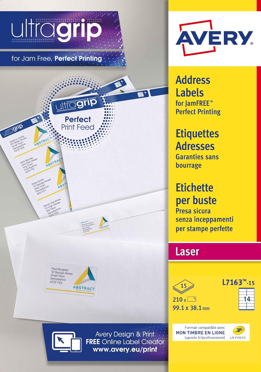Detalle 2 de Avery Étiquettes Autocollantes Blanches 99,1 x 38,1 mm – Lot de 210, Impression Laser L7163-15